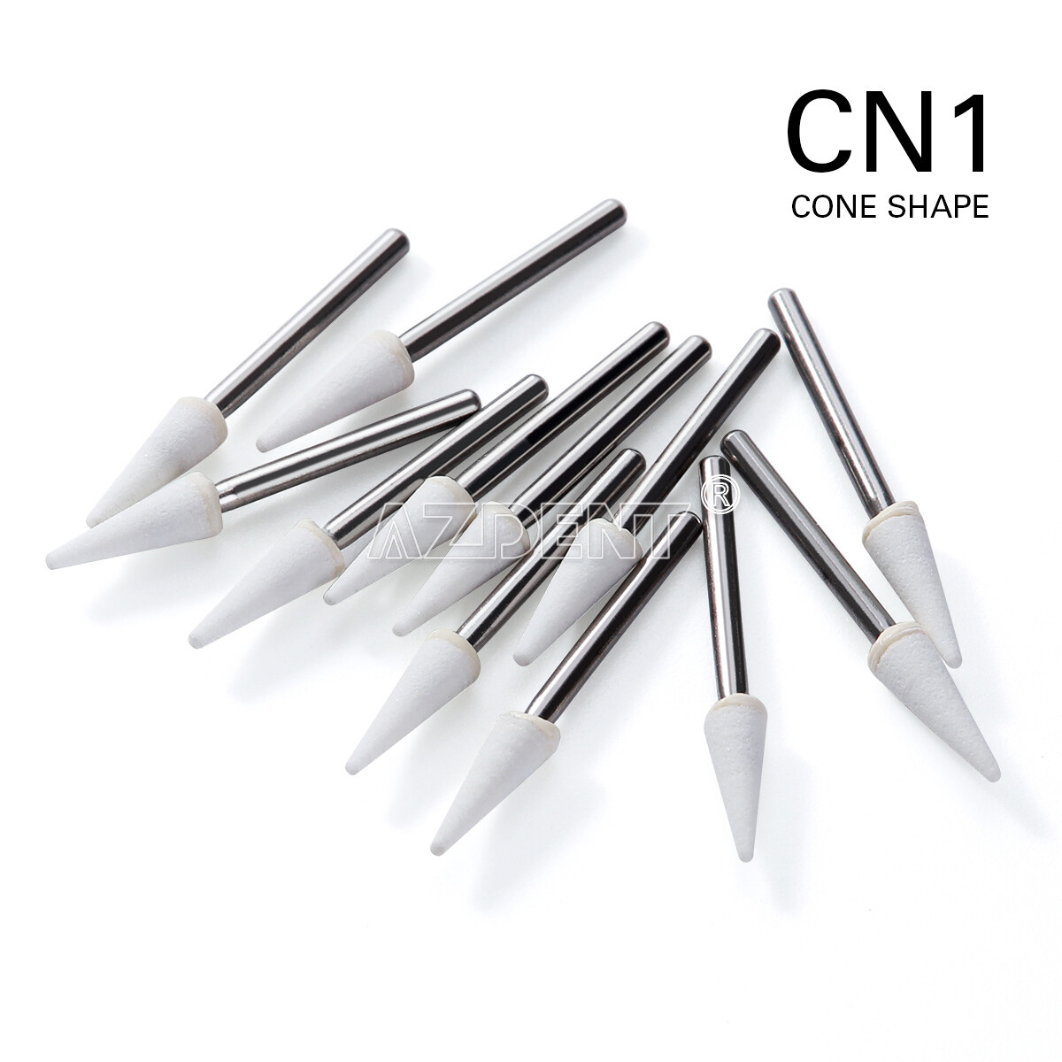 12pcs AZDENT Dental Cone Shape White Stone Polishing FG Burs Aluminum Oxide Bur