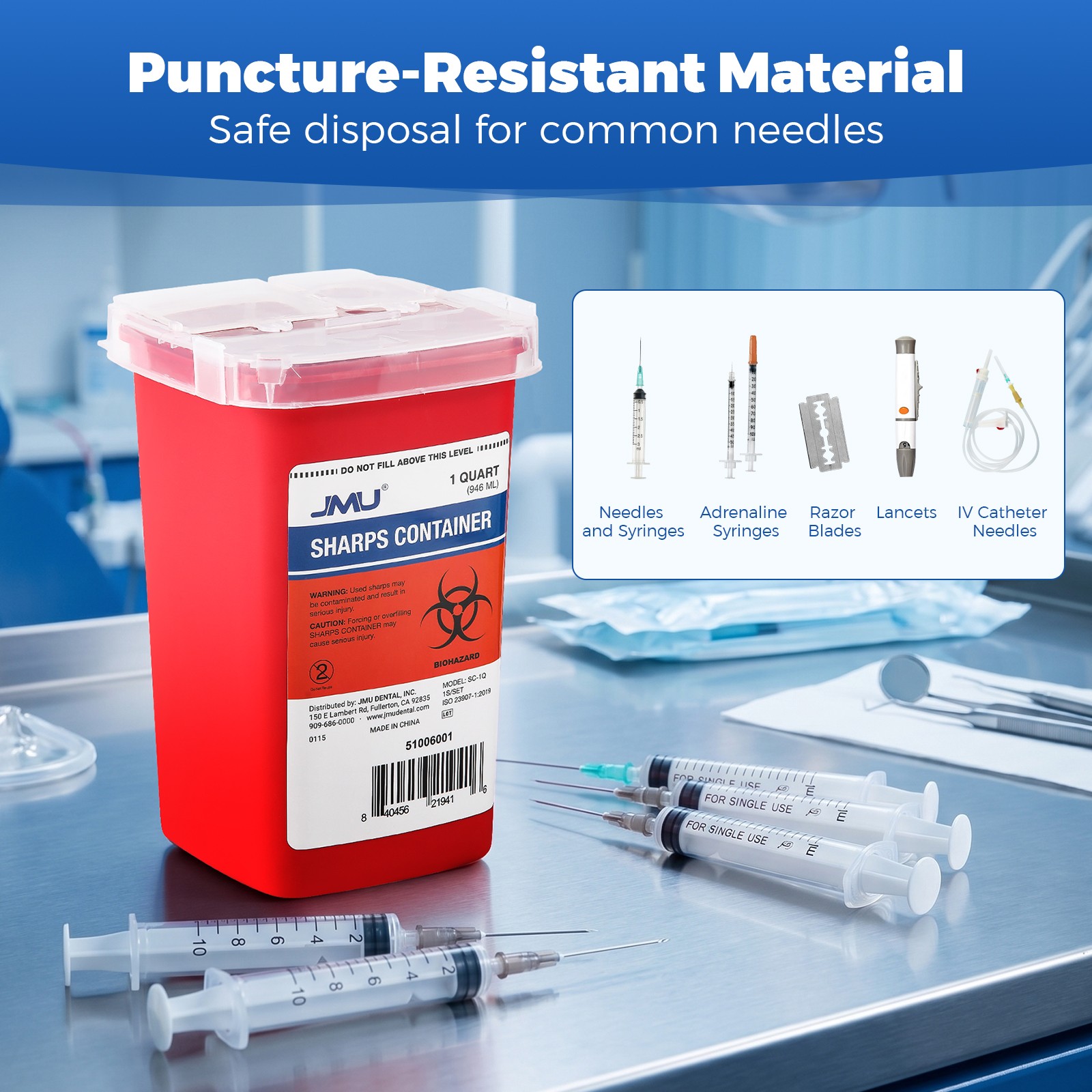 Sharps Container 1 Quart | Biohazard Needle and Syringe Disposal with Flip Lid