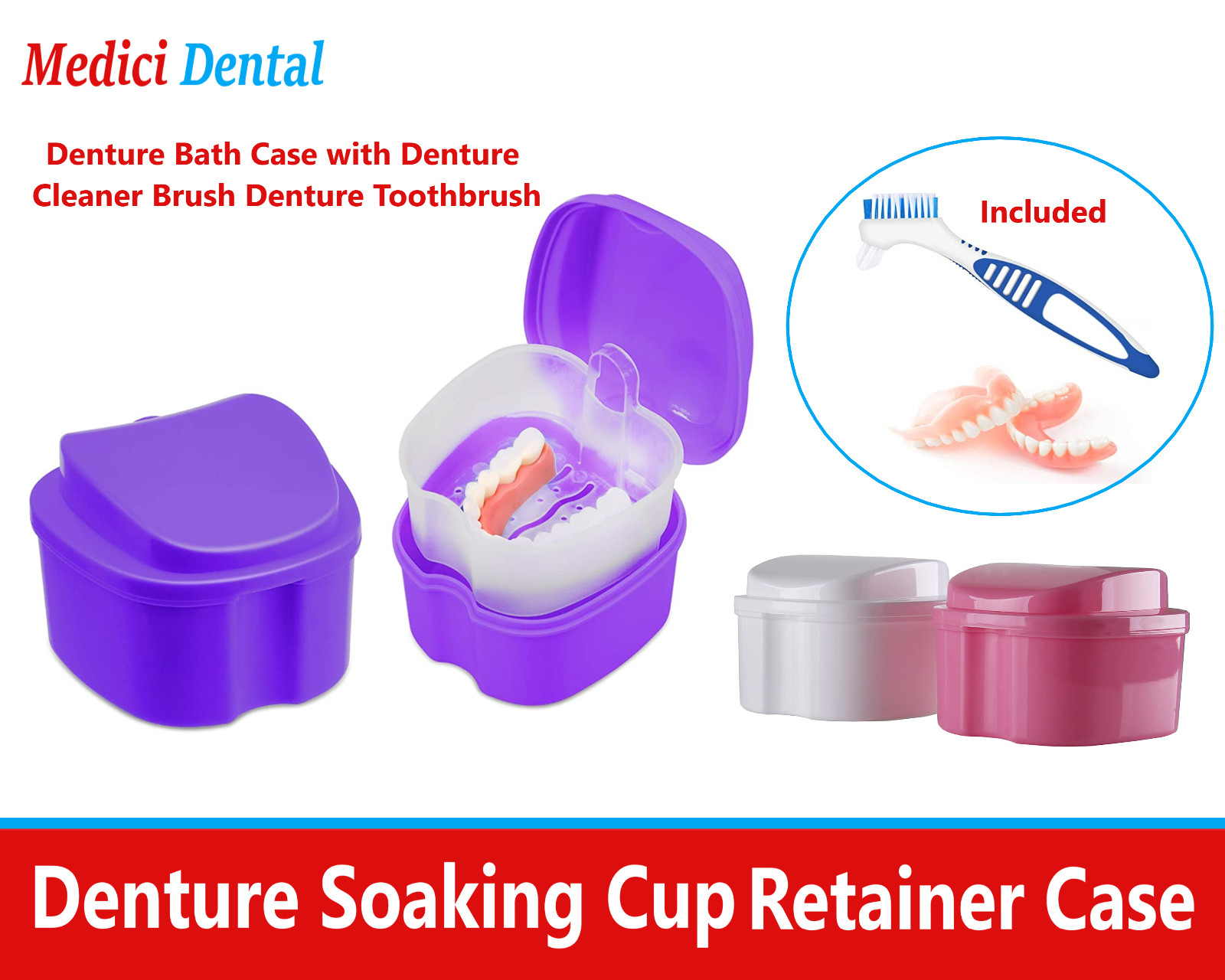 Denture Bath Case with Denture Cleaner Brush Denture Toothbrush and Rinse Basket