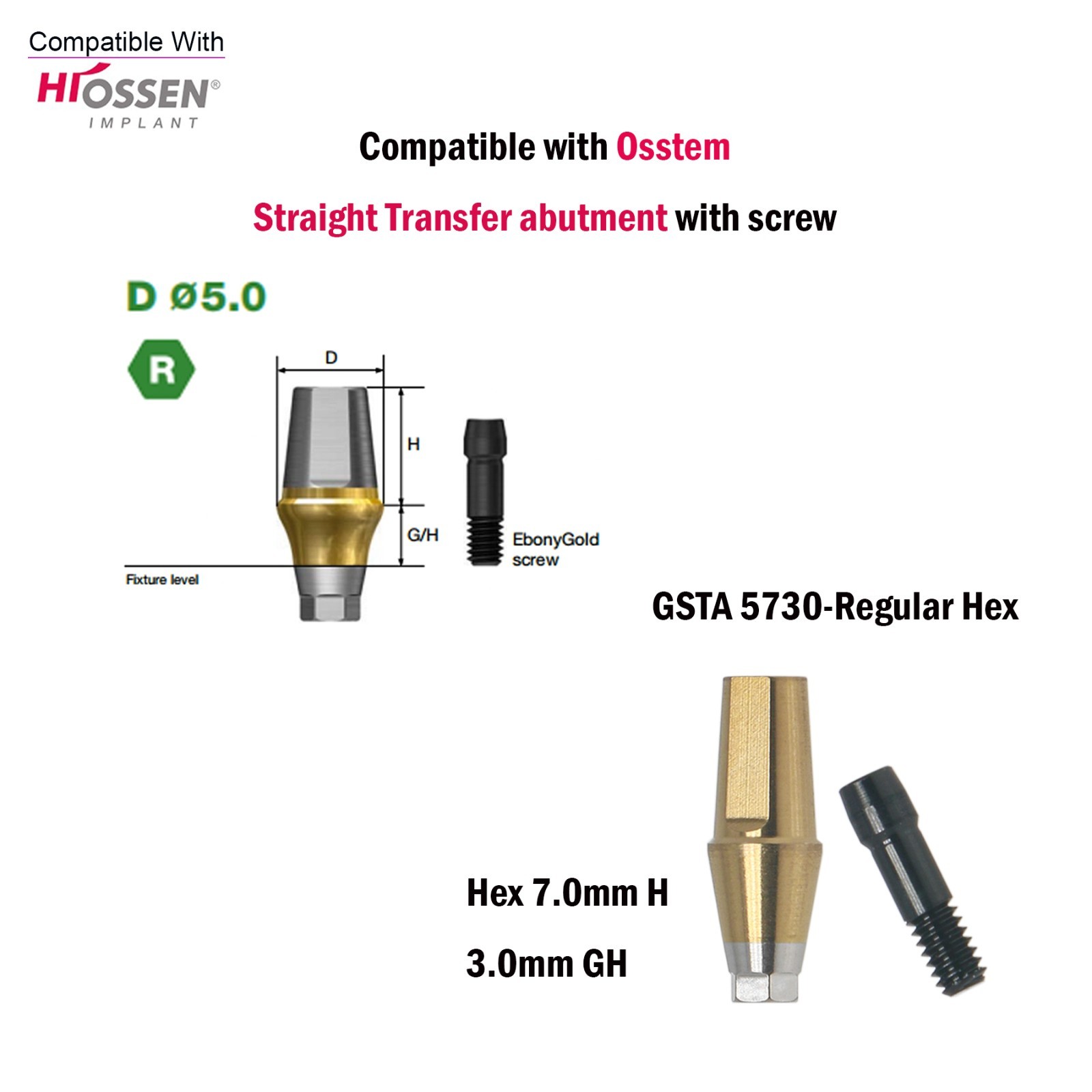 US Straight Transfer Abutment Regular Ø5.0 For Osstem Hiossen Hex 7.0mm Implants