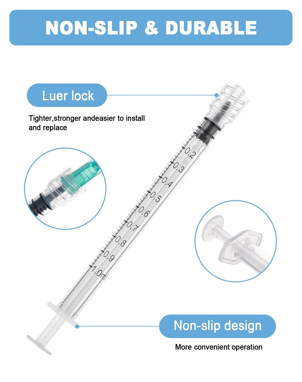 1mL Syringes without Needle, Luer Lock Syringe with Cap, Sterile transparent