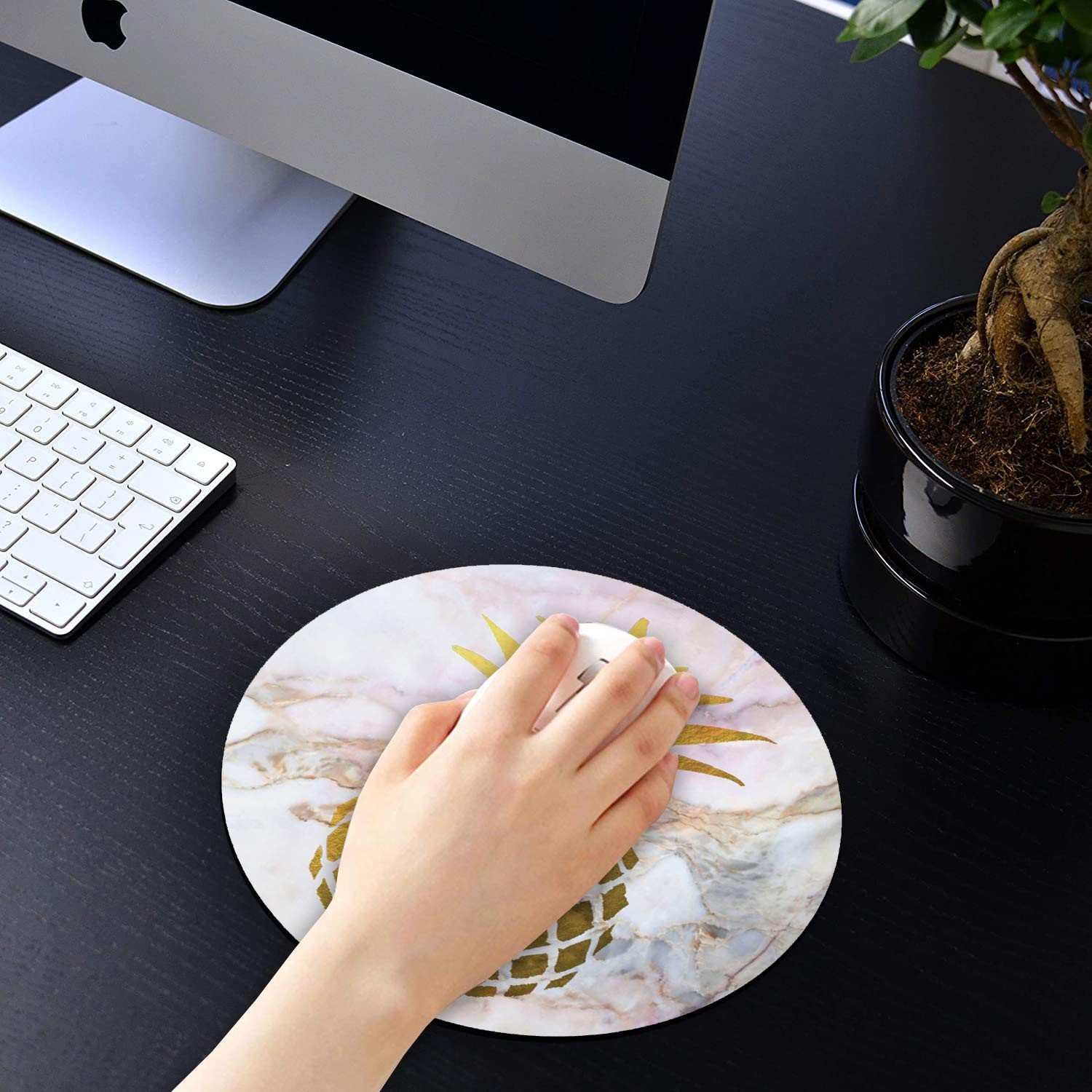 Round Mouse Pad with Coasters Set, Gold Foil Pineapple White Marble Design Mo…