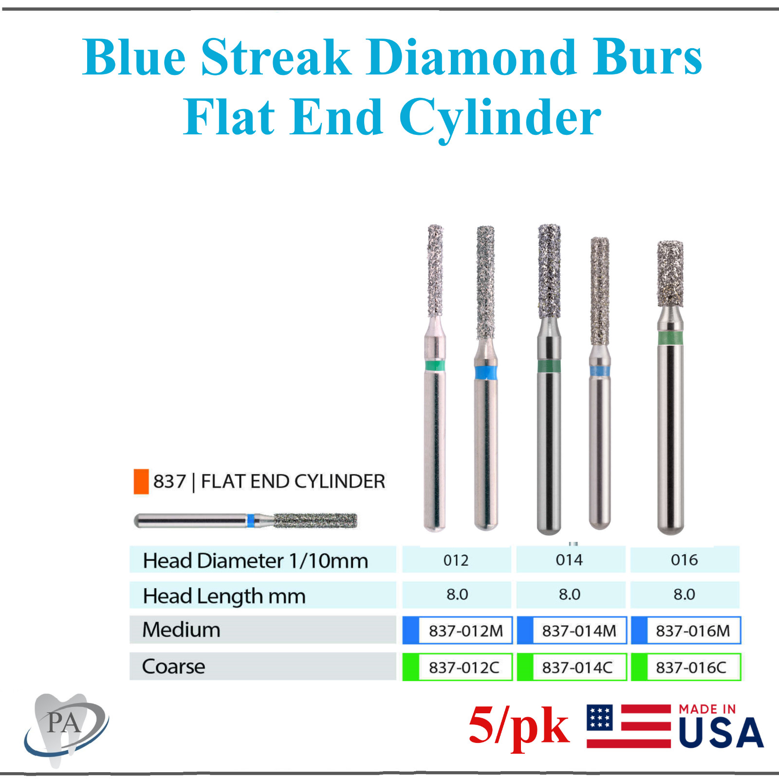 Blue Streak Dental Diamond Burs Flat End Cylinder Coarse, Medium 835.010, 5/Pk