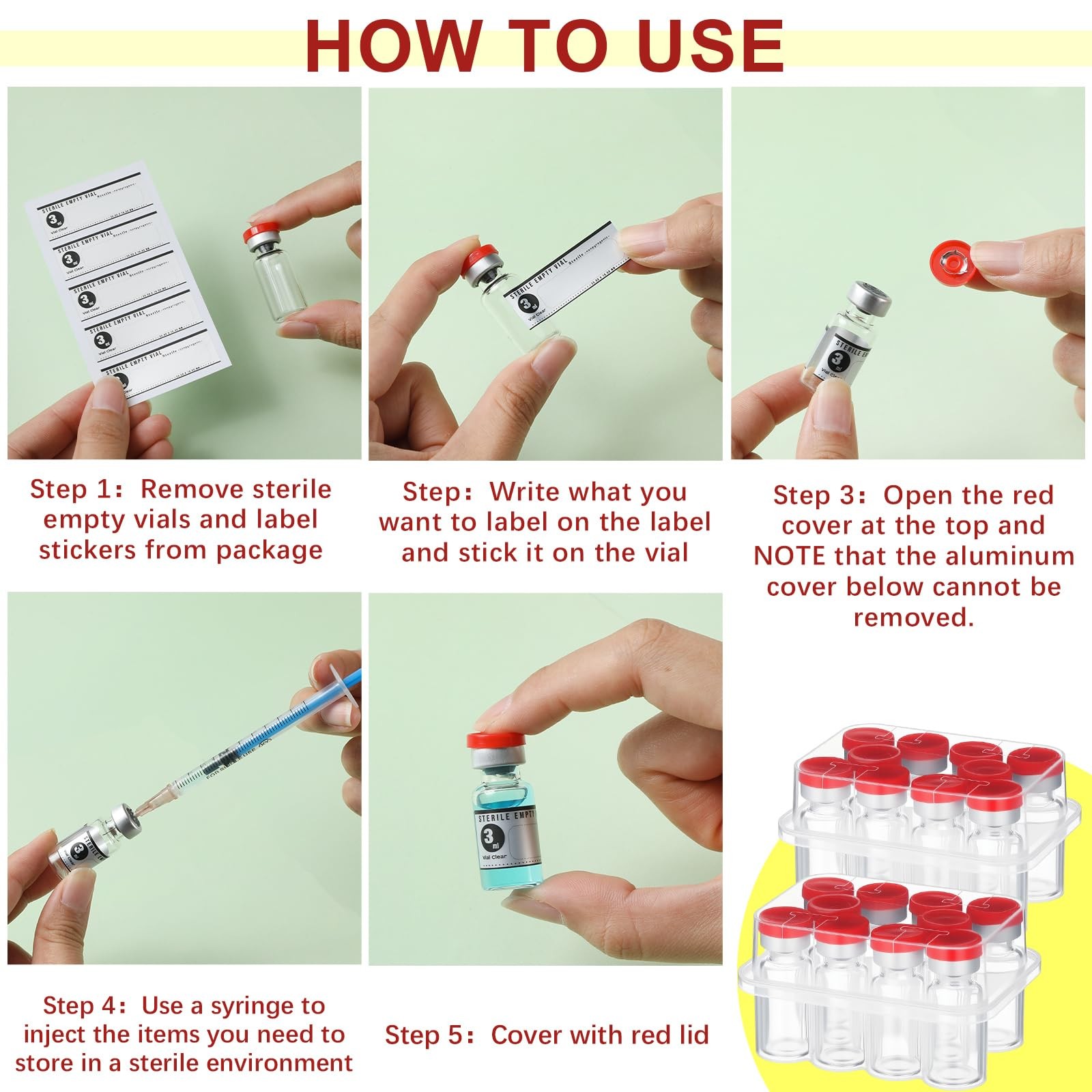 Threlaco 20 Pcs 3ml Sealed Sterile Empty Vials with Self Healing 3ml, Red