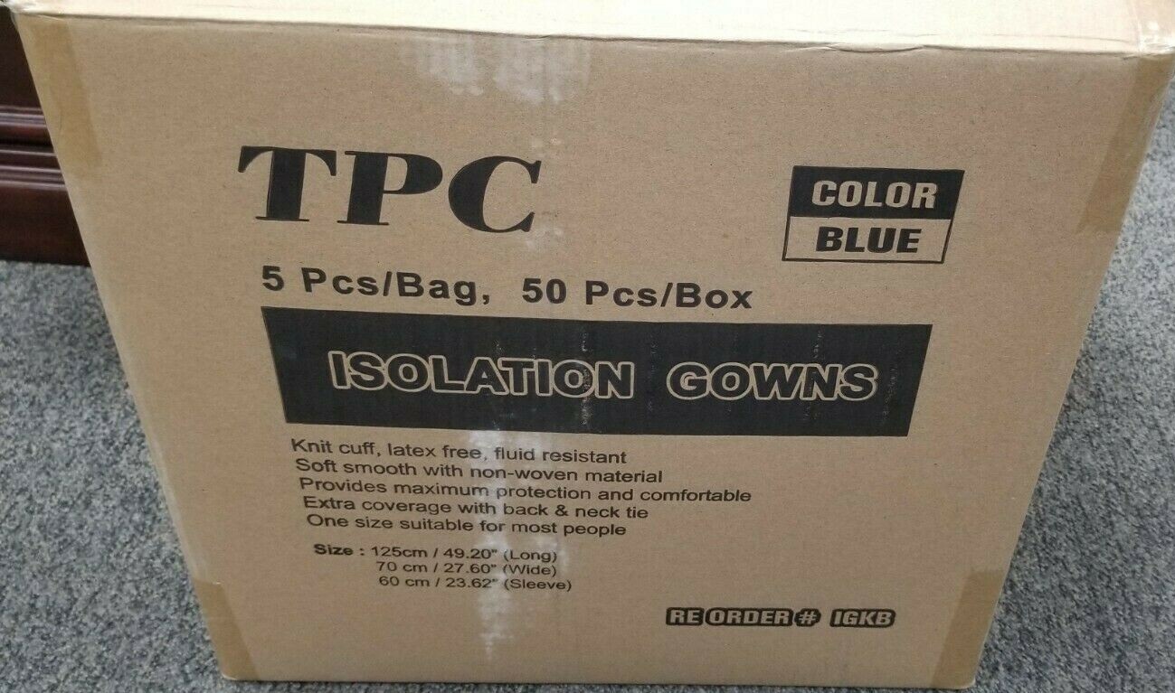 Isolation Gown, Blue -Box of 50 Count. Knit cuff ,Latex free, One size fits all