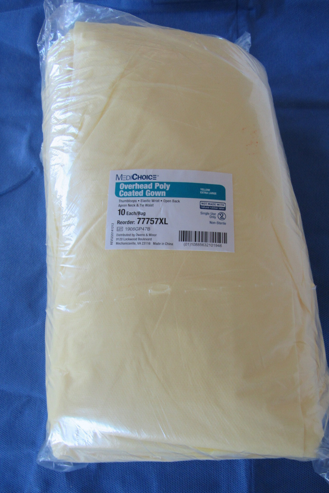Lot of 10 MediChoice Medical Overhead Poly Coated Gowns Yellow 77785-X Large