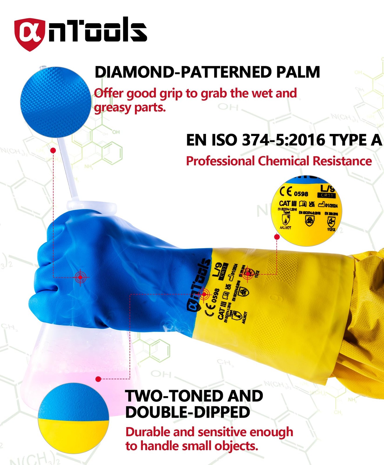 AnTools 2 Pairs Neoprene and Rubber Blend Heavy-Duty Chemical Gloves Protective
