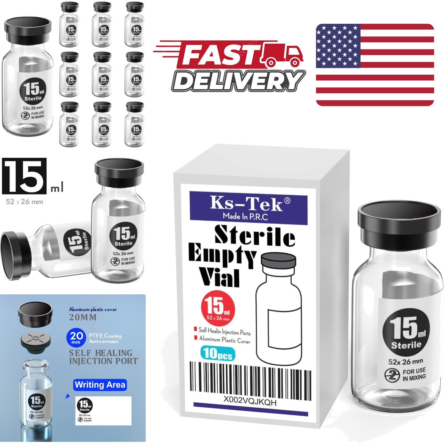 Sterile Empty Vials 15ml with Self Healing Injection Port for Laboratory Use