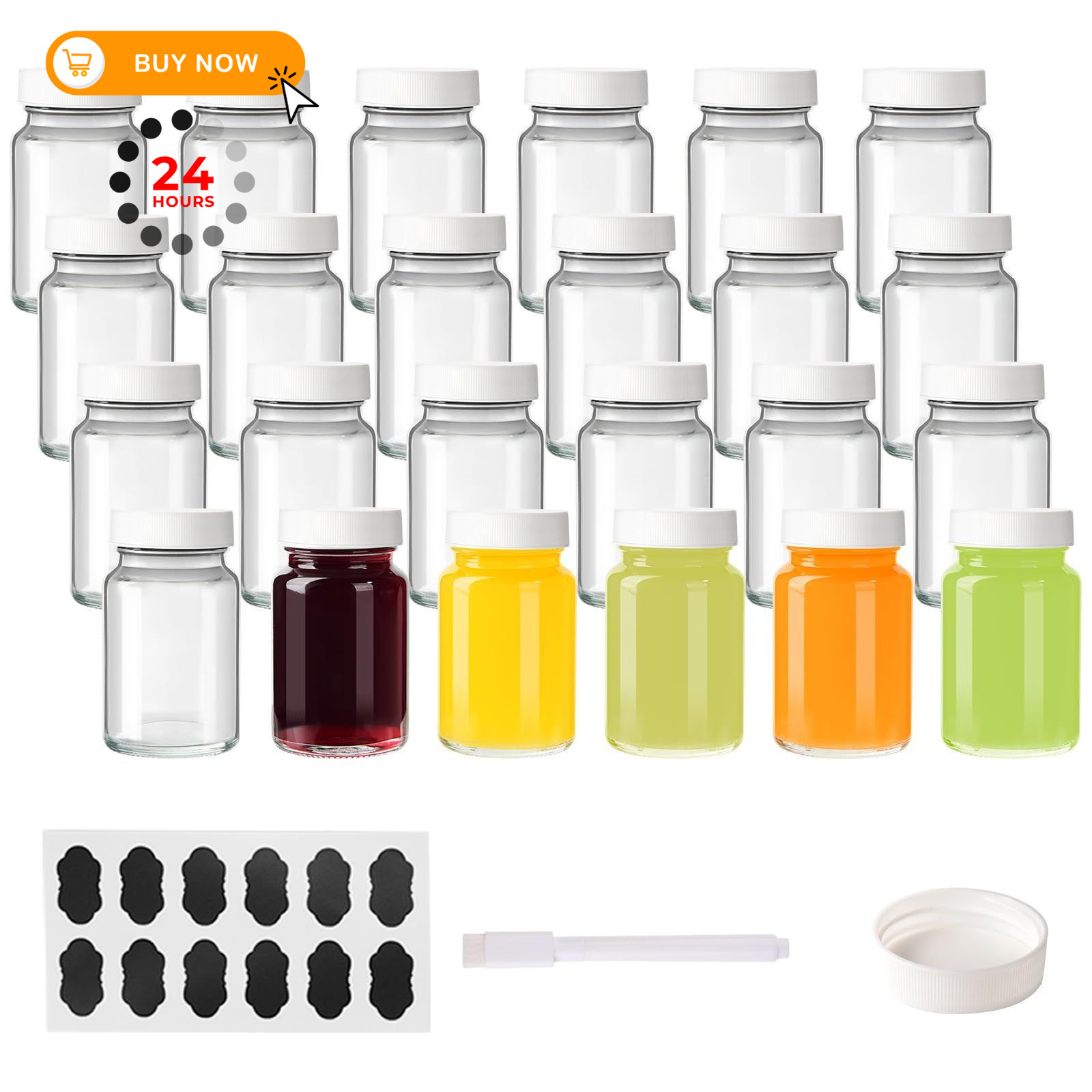 BPFY 24 Pack 2 oz Reusable Small Glass Bottles with Lids, Wellness 2oz_24pack