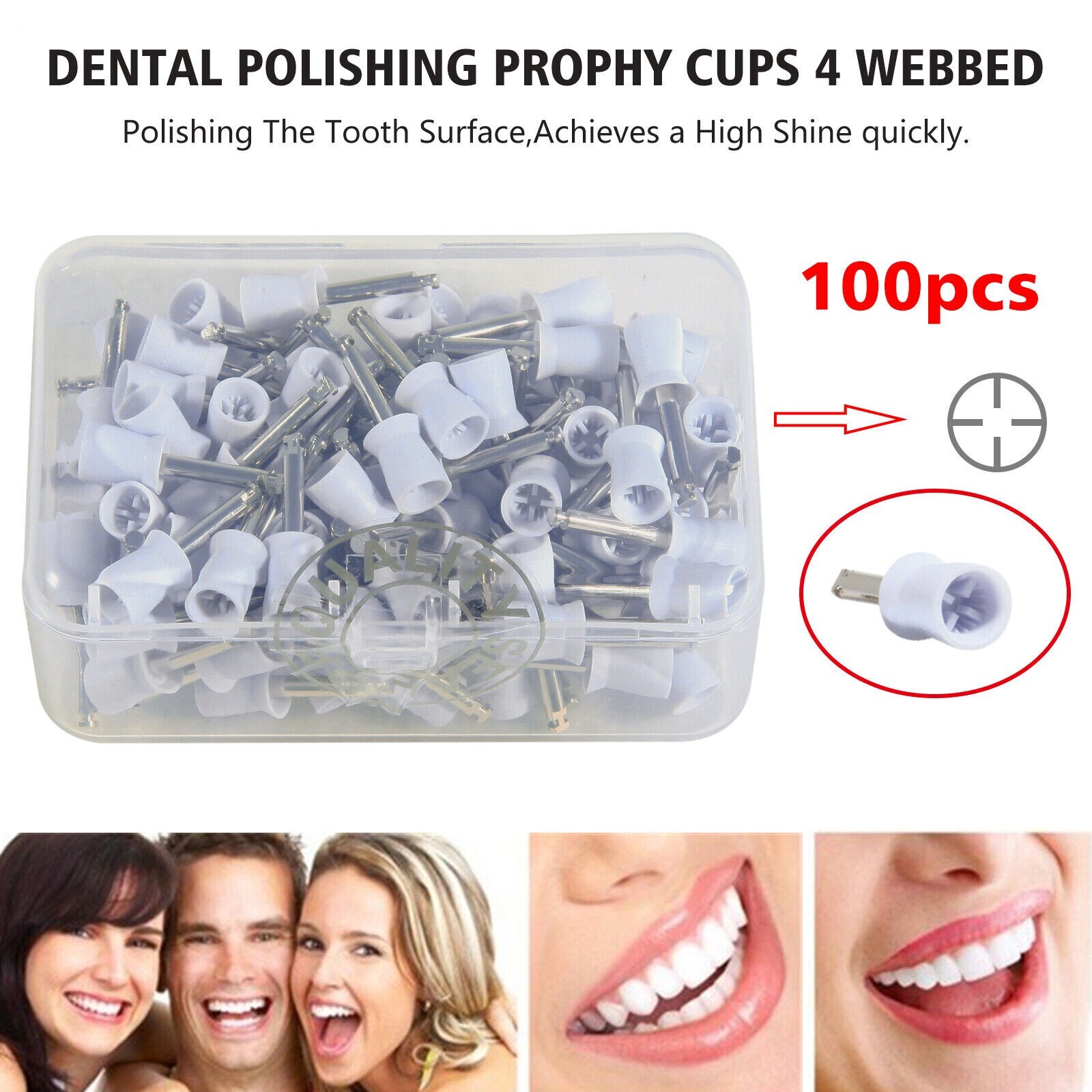 100Pcs Dental Prophy Polishing Cups Rubber Teeth Brush Latch Type White 4 Webbed