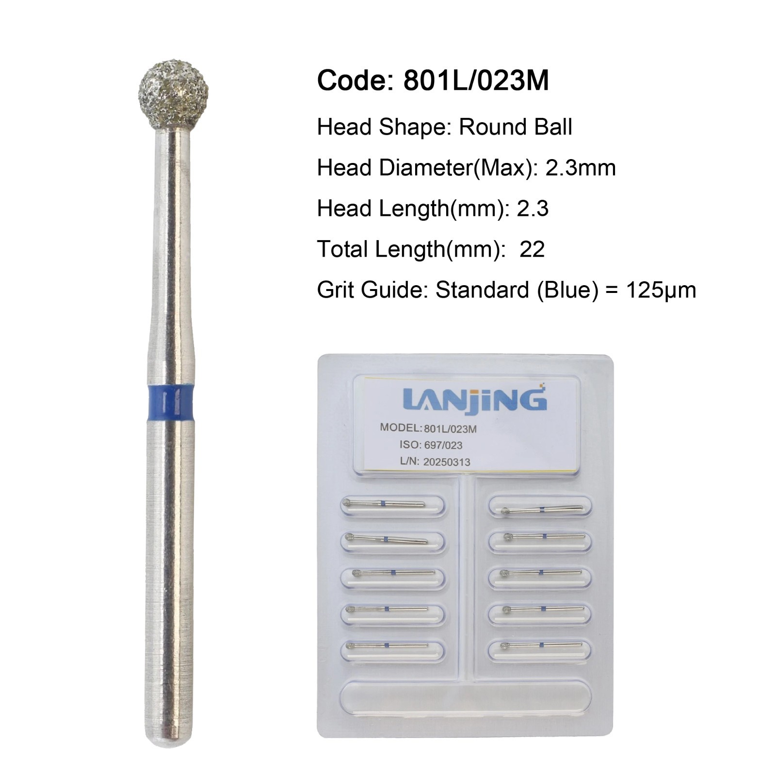 Dental Diamond Burs FG Surgical Long Round Ball 801L/023M for High Speed Bur