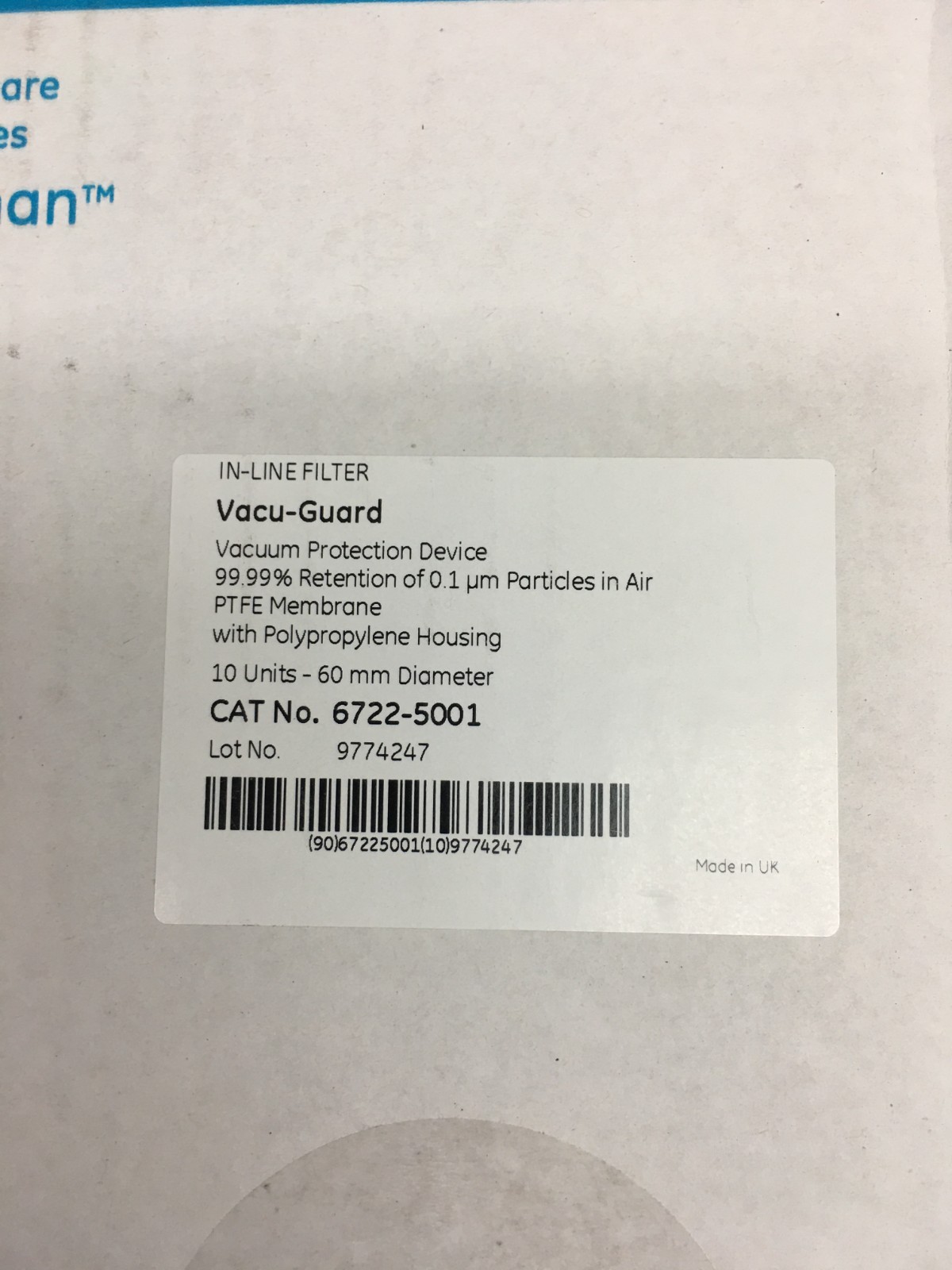 GE Cytiva Ref 6722-5001 Whatman Vacu-Guard Disk Filters 10 Units 60mm Diameter