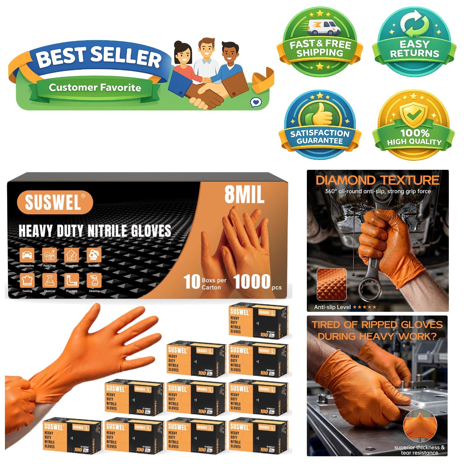 1000PC Heavy Duty Nitrile Gloves – Chemical Resistant, Cut Resistant, Waterproof