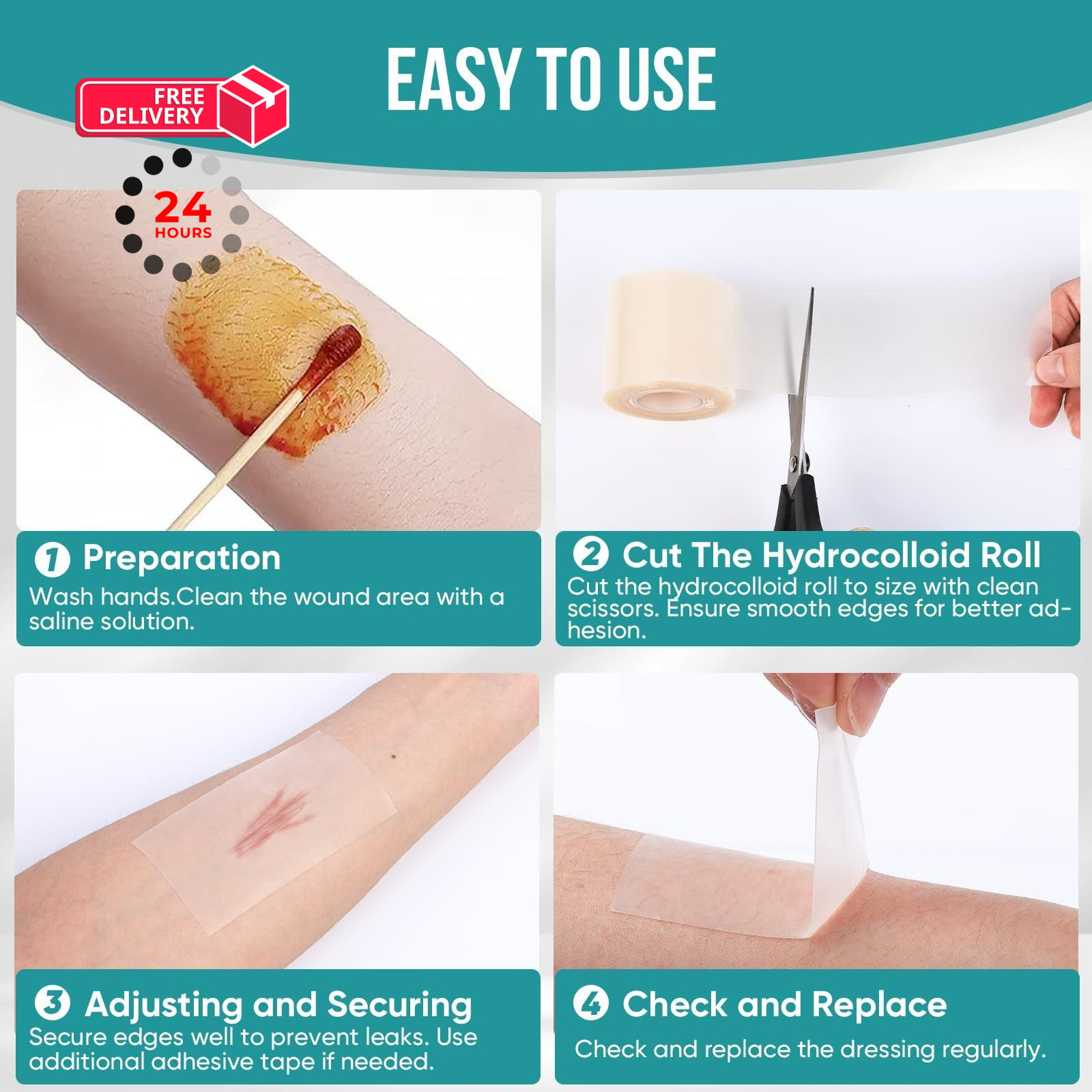 Hydrocolloid Roll for Wound Care, Patch 2in x 12ft, Transparent