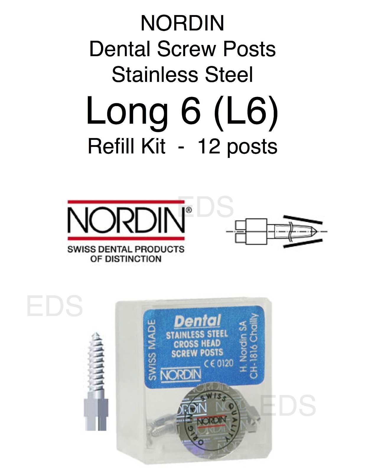 ( L6 ) Long 6 Stainless Steel NORDIN Dental Screw Post Refill of Kit 12 posts