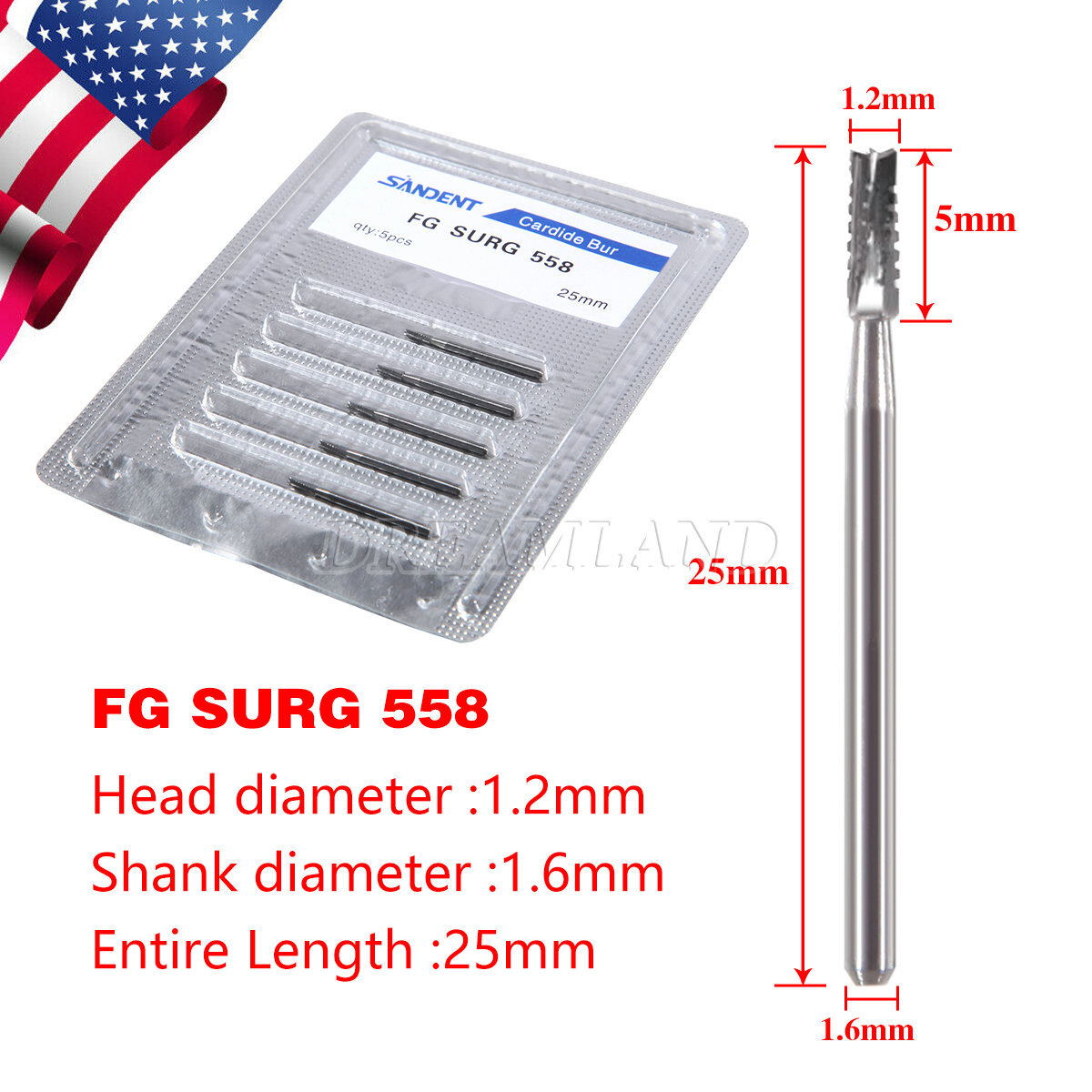 5pcs/pack Dental Carbide Burs Bits High Speed FG558 Ø1.2mm 6 Blades Fissure