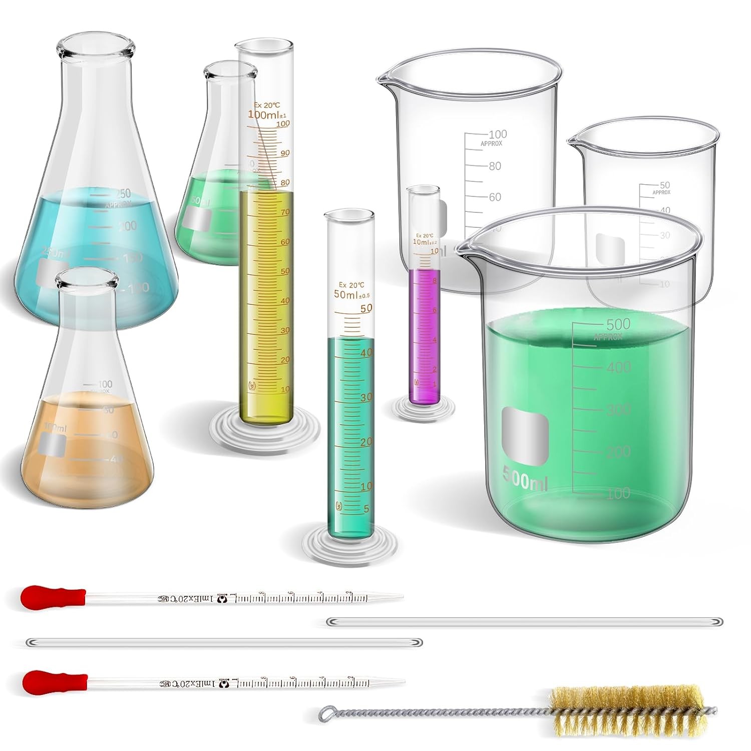 Lab Glassware Set with Drying Rack Lab Flask Glass Measuring Glass Kit(11/14pcs)