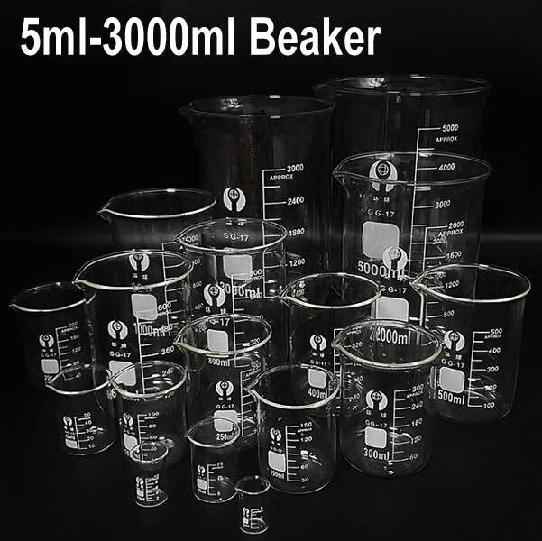 5ml-3000ml Lab Borosilicate Chemistry Glass Beaker Glassware w/ Handle Measuring