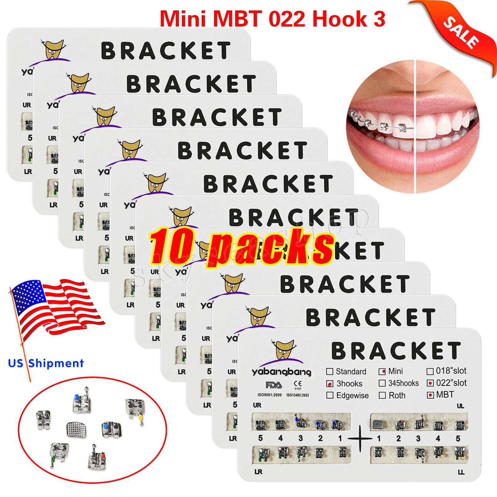 10 Packs Dental Orthodontic Metal Braces Brackets Mini MBT 022″Slot 3 Hooks YBB