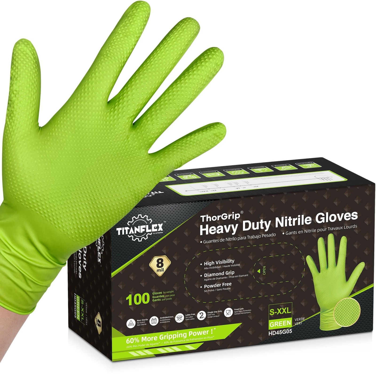 Heavy Duty Green Industrial Nitrile Gloves, 8-mil, XL, Box of 100, Latex Free…