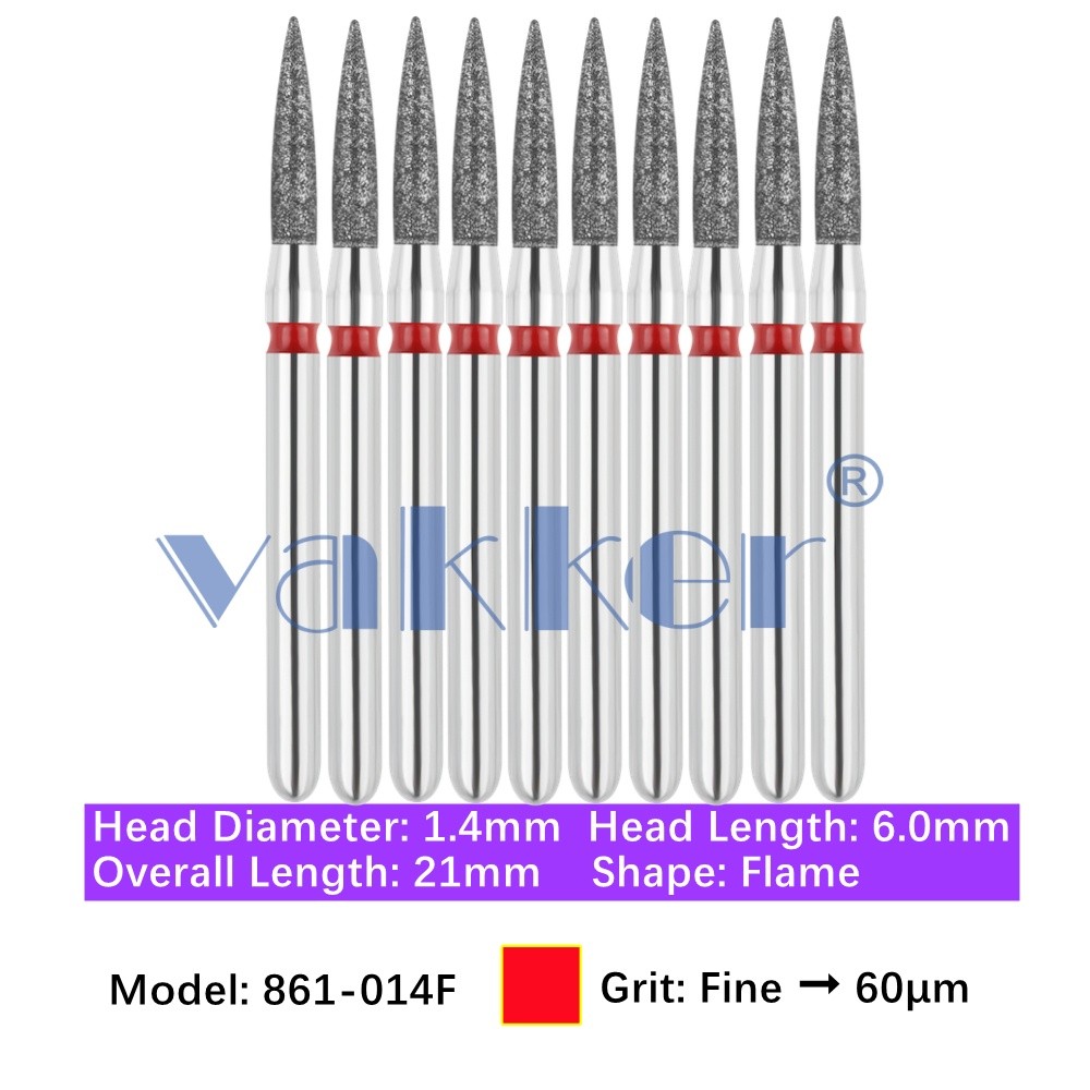 10/Pk Dental FG High Speed Diamond Burs Flame Shape 861-014F Fine Grit Handpiece