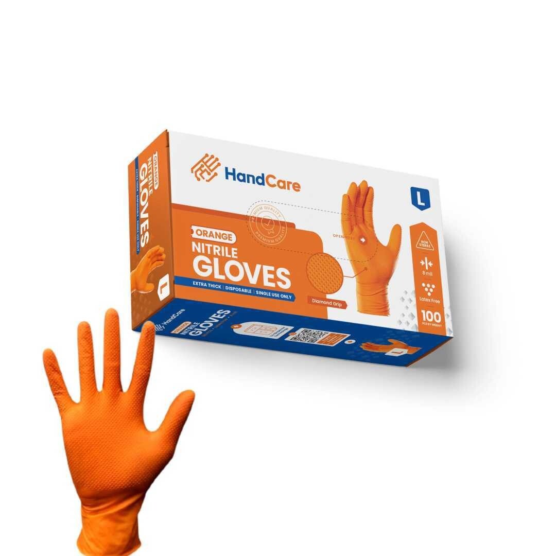 HandCare Orange Nitrile Gloves – Powder Free (8 Mil), 1,000 Gloves
