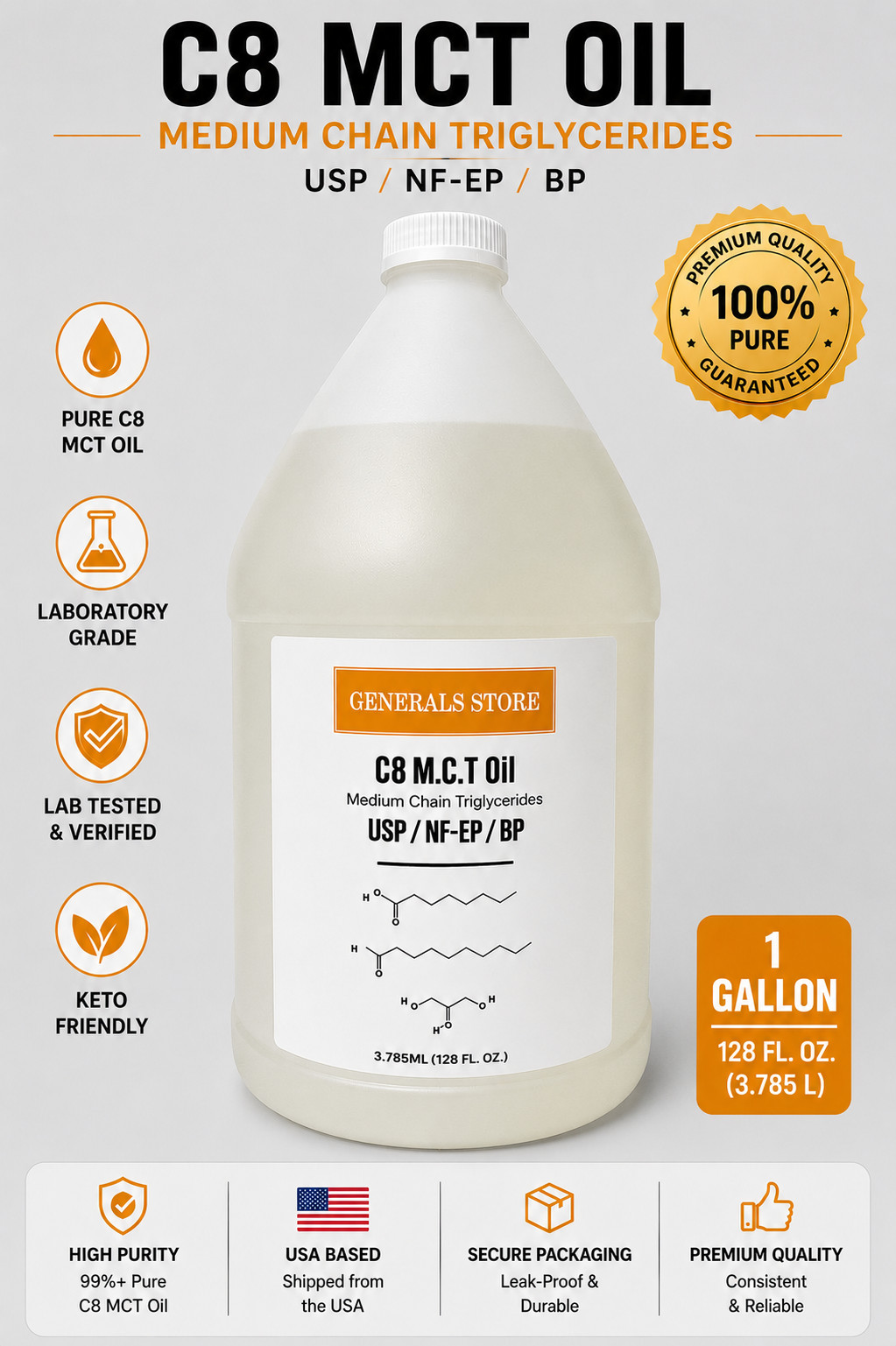 C8 MCT Oil 128oz 100% Pure | Caprylic Acid | Keto Paleo Brain Fuel