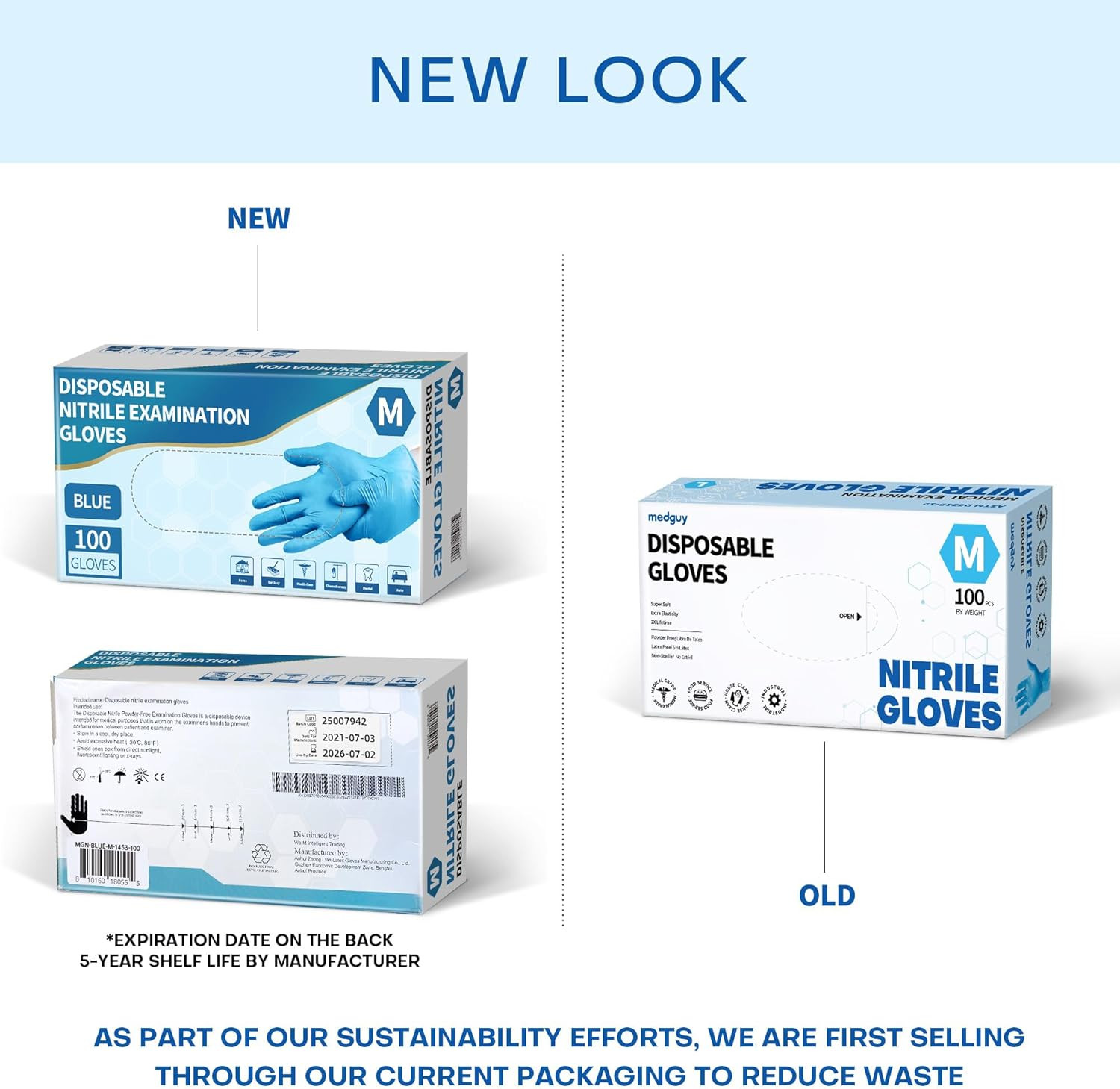 Medguy Medical Blue Nitrile Disposable Exam Gloves, 4.5 Mil 100 Pcs Powder-Free