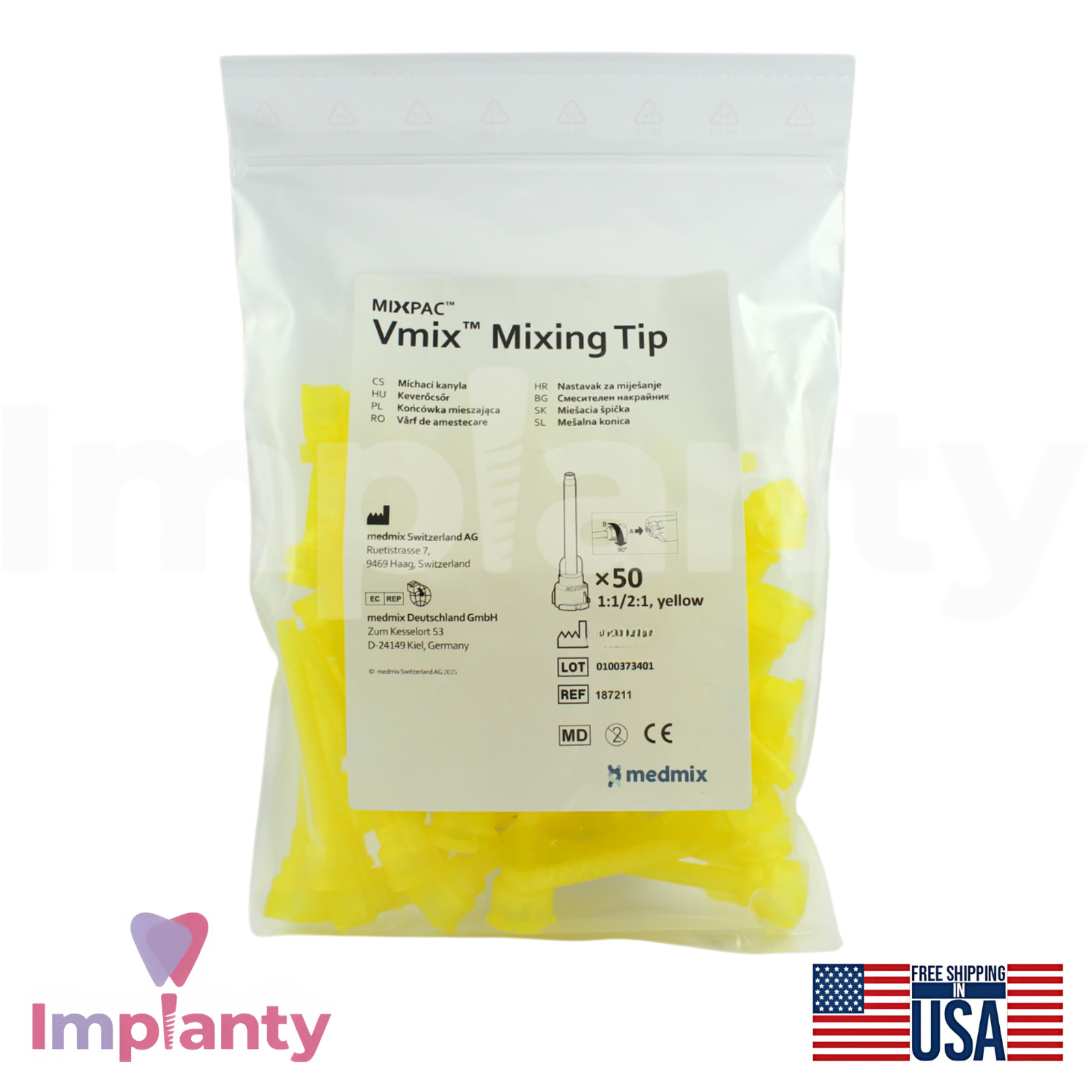 50x Medmix MIXPAC™ Yellow Vmix™ Dental Mixing Tips D Outlet Ø4.2mm Diameter
