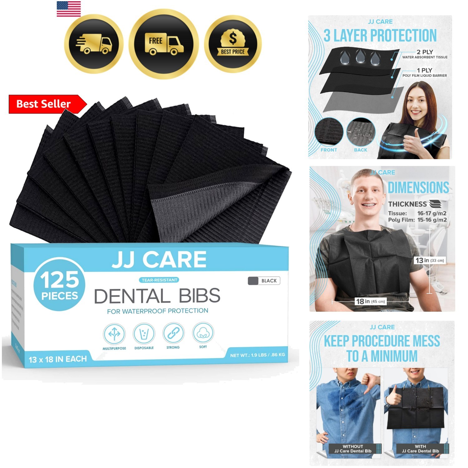 Dental Bibs [Pack of 125] – 13″ x 18″ Black Dental Bibs, 3 Ply Waterproof Den…