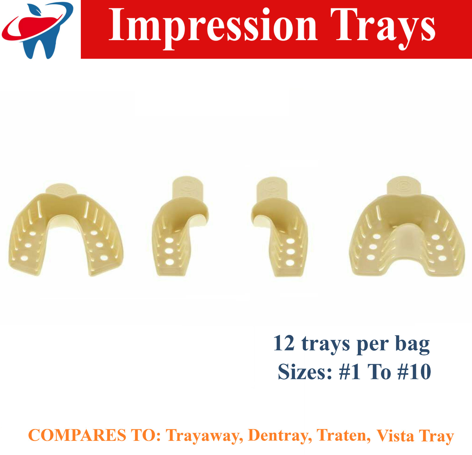 Dental Impression Trays Perforated Plastic Upper Lower, Beige, All Sizes, 12/Bg