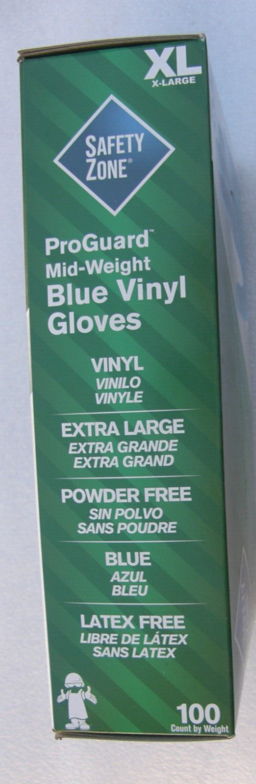 ProGuard mid-weight Safety Zone XL Vinyl Gloves Blue 100 Count powder free lot