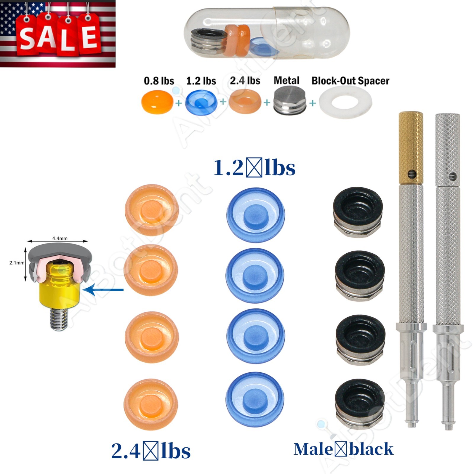US Dental Hiossen ET I/II Mini Implant Abutment Set 1-6mm, PEEK Caps 1-5PCS Kit