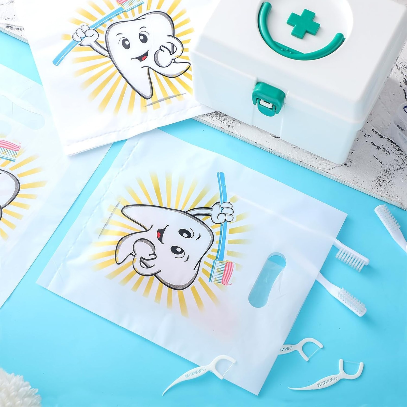 Dental Gift Bags with Handles, Plastic Oral Care Packaging, 8.27×9.45 inches