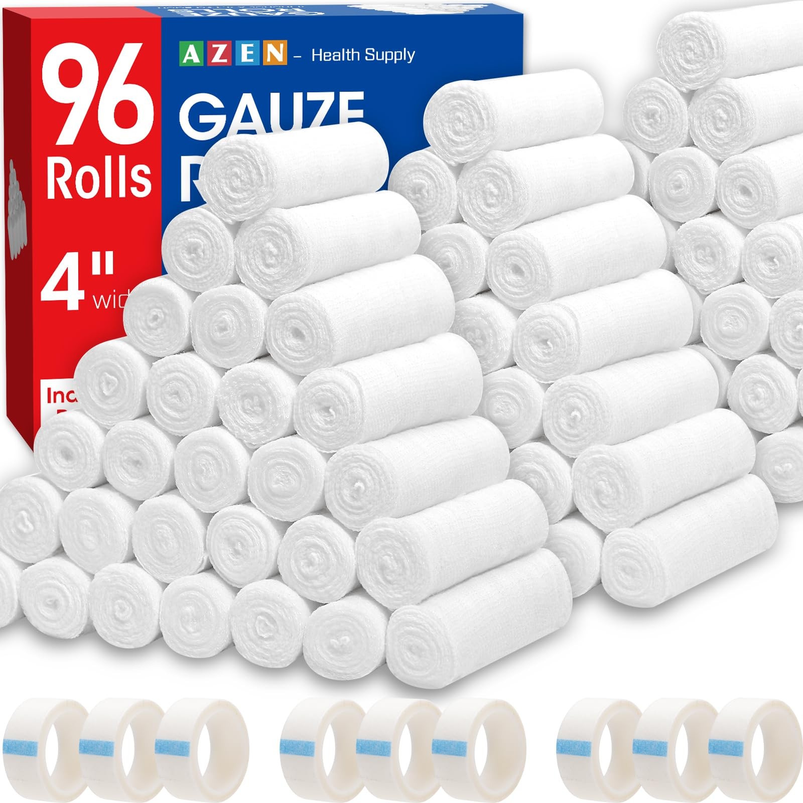 AZEN Premium Medical Gauze Rolls Bandages, 4in x 4.1 Yards, Wound Care, 96 Pack