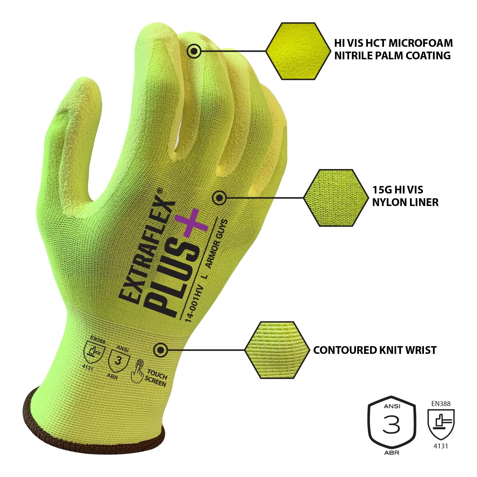 Armor Guys Extraflex Plus Protective Work Gloves Hi-Vis Nylon Liner – Ansi 3