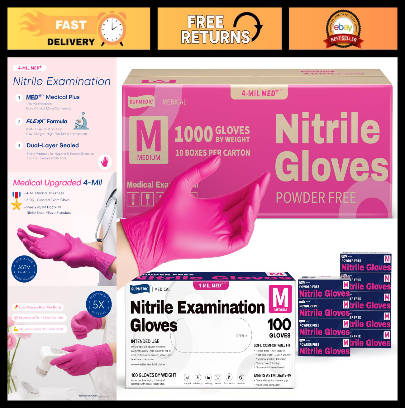 1000 Ct Nitrile Exam Gloves 4 Mil – Powder-Free, Latex-Free, Food-Safe, Disposab