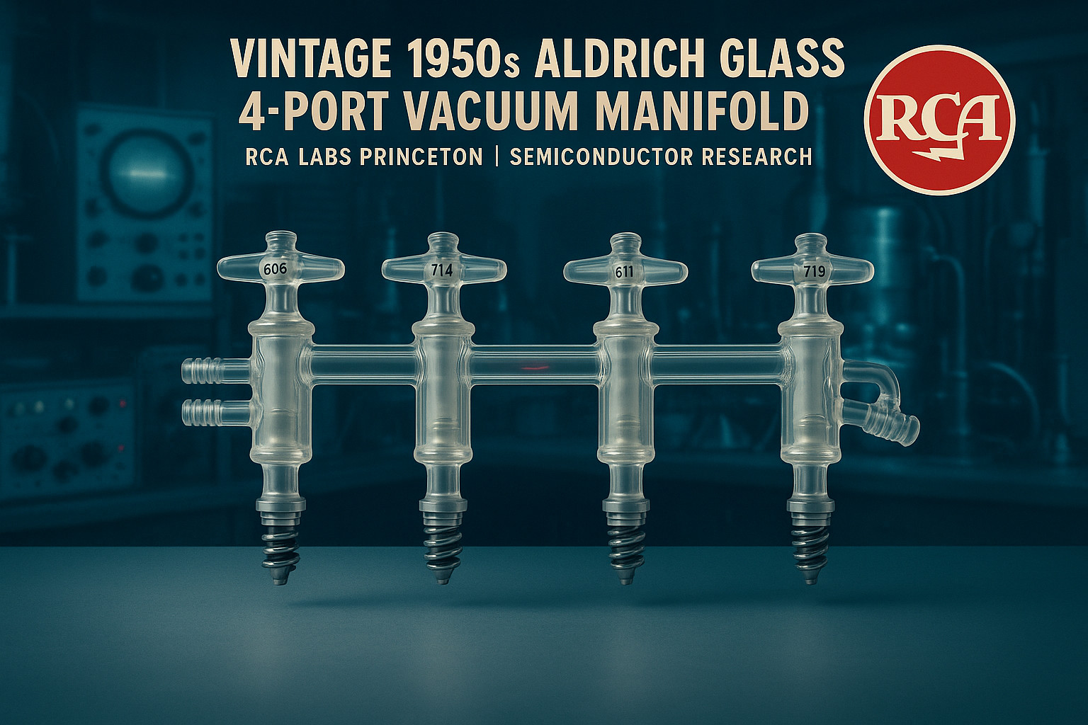 1950s Aldrich Glass 4-Port Vacuum Manifold RCA Labs Princeton Semiconductor Dept