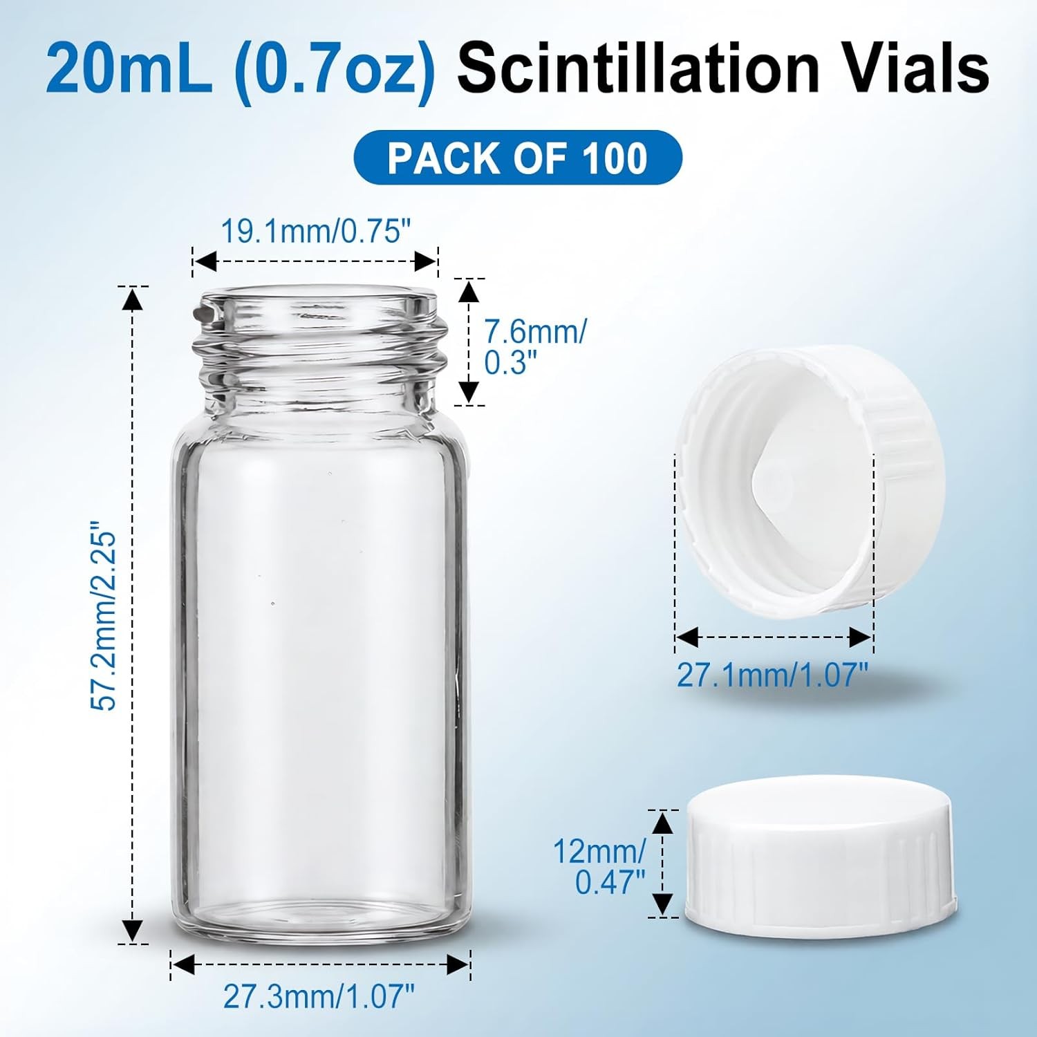 100Pcs 20mL Scintillation Vial Small Bottle Glass Counting Vials Cone Liner