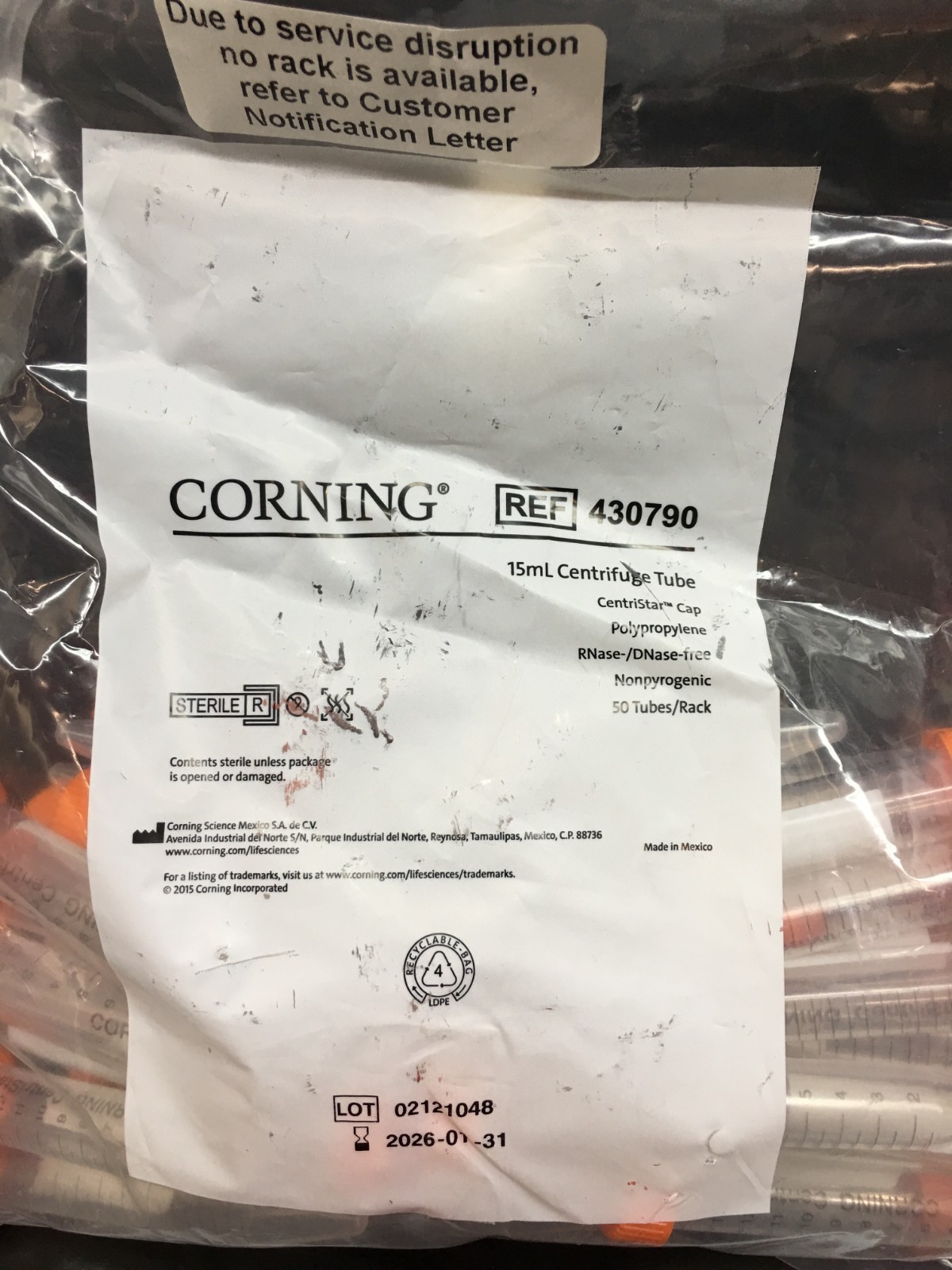 Corning REF 430790 Centrifuge Tubes Rack Packed W CentriStar Cap 15mL