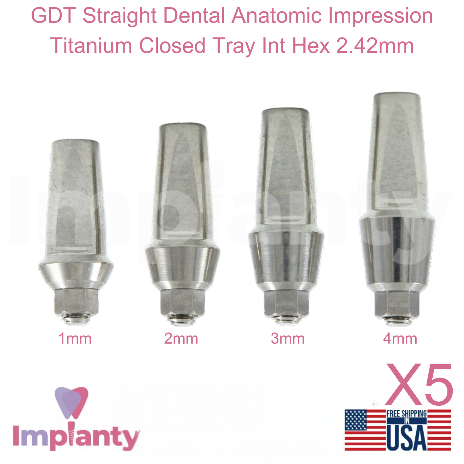 5x GDT Straight Dental Anatomic Impression Titanium Closed Tray Int Hex 2.42mm