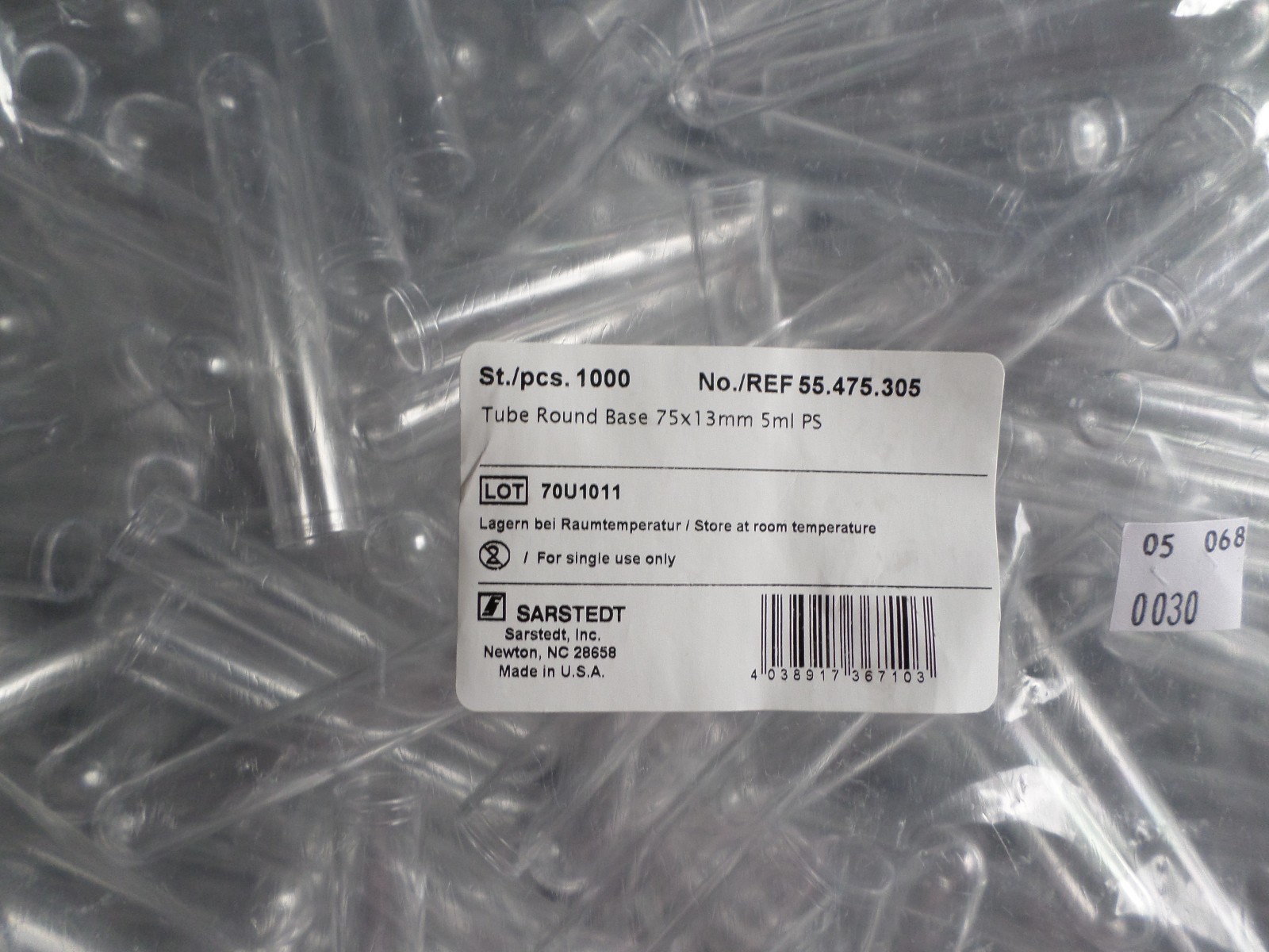 (1000) Sarstedt Test Tubes Round Base 75 x 13mm, 5mL PS, 55-475-305