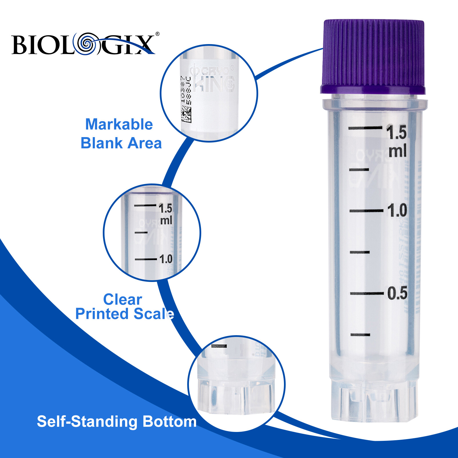 Cryogenic Vials with Side Bardcode-1.5 ml External, 25/Bag, 500/Pack, 1000/Case