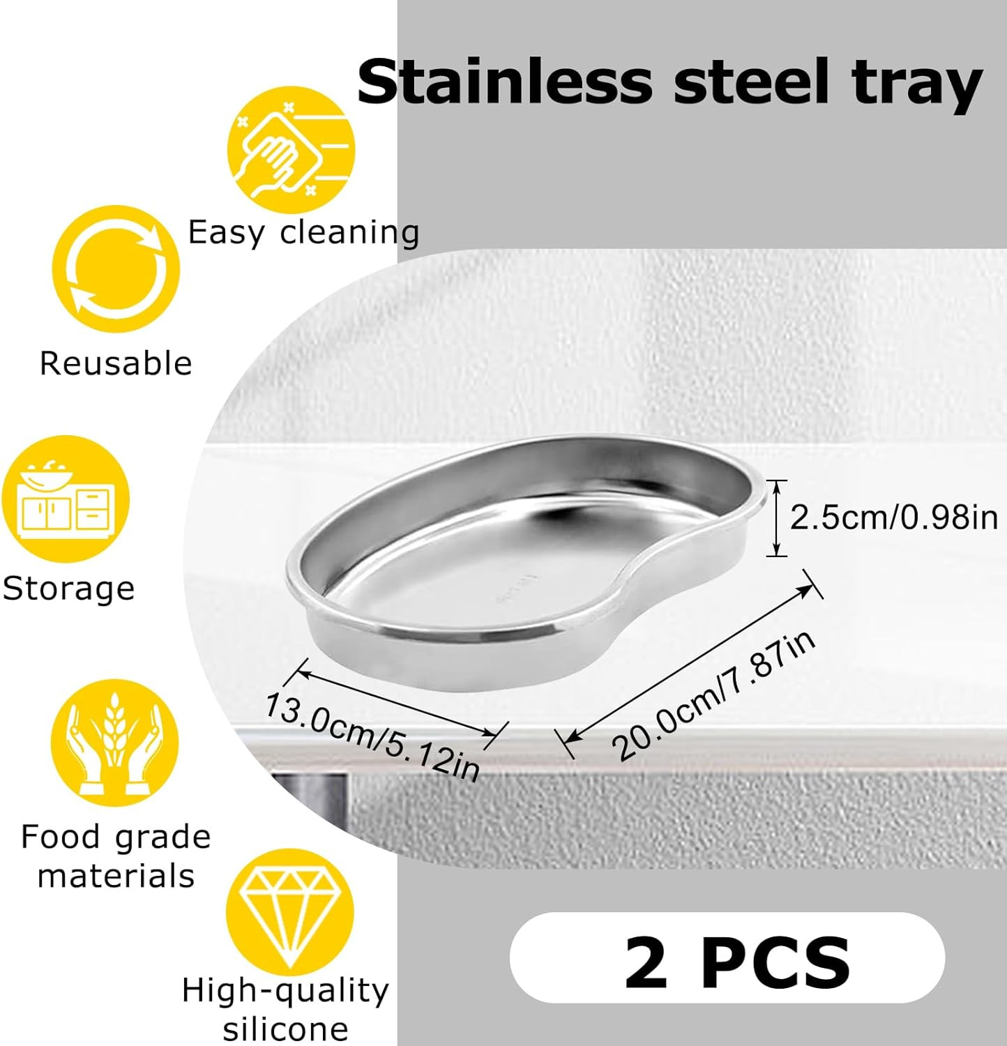 2 Pack Stainless Steel Tray – Medium Metal Tray, Curved Sheet for Dental, Office