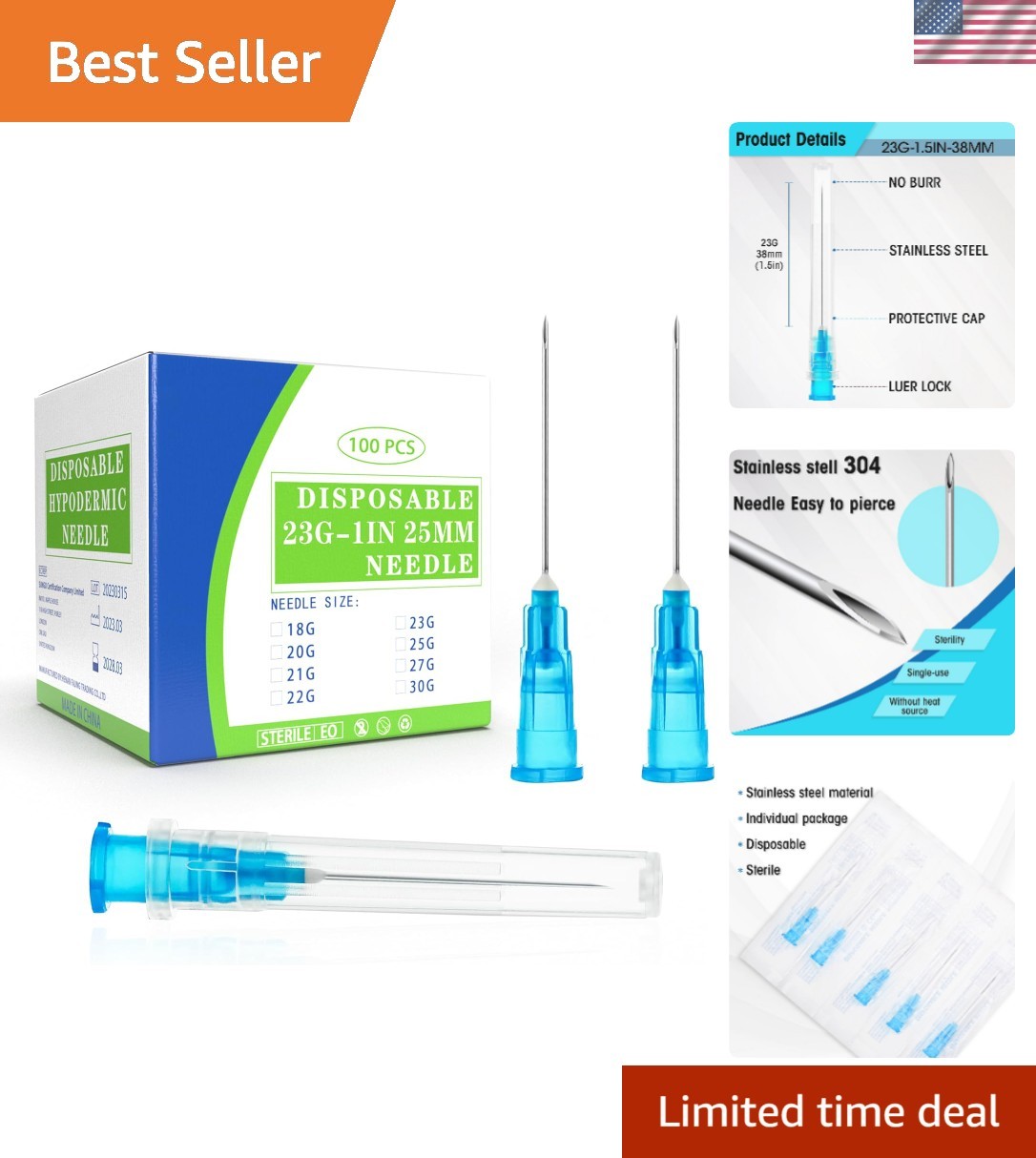 100 Pack 23Ga 25mm 1IN Disposable Needes for Scientific and Industrial Dispen…