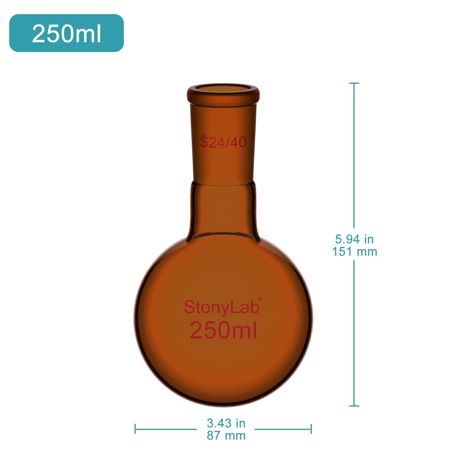 Brown Round Bottom Flask with Single Neck, 24/40 Standard Taper Joint, Labora…