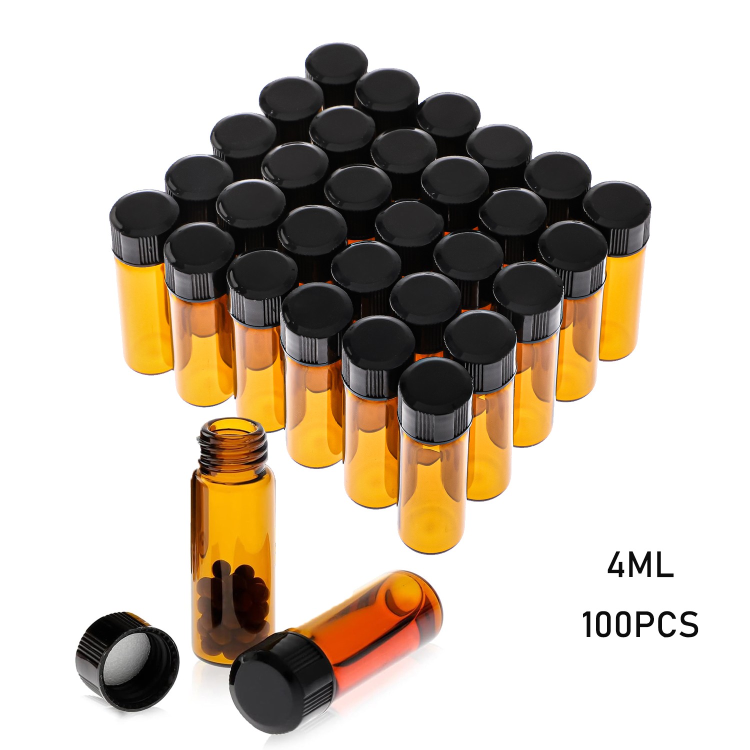 100x Amber Glass Vials 4ml with Screw Caps-Small Storage Containers for Liquid
