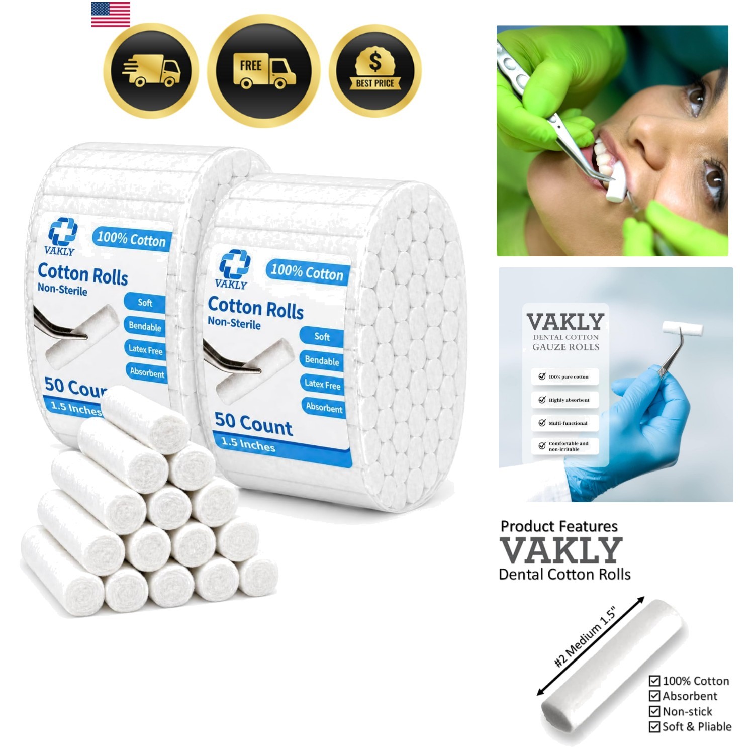 Dental Cotton Rolls Medium 1.5 in 100 Count – 100% Absorbent Non-Sterile Cott…