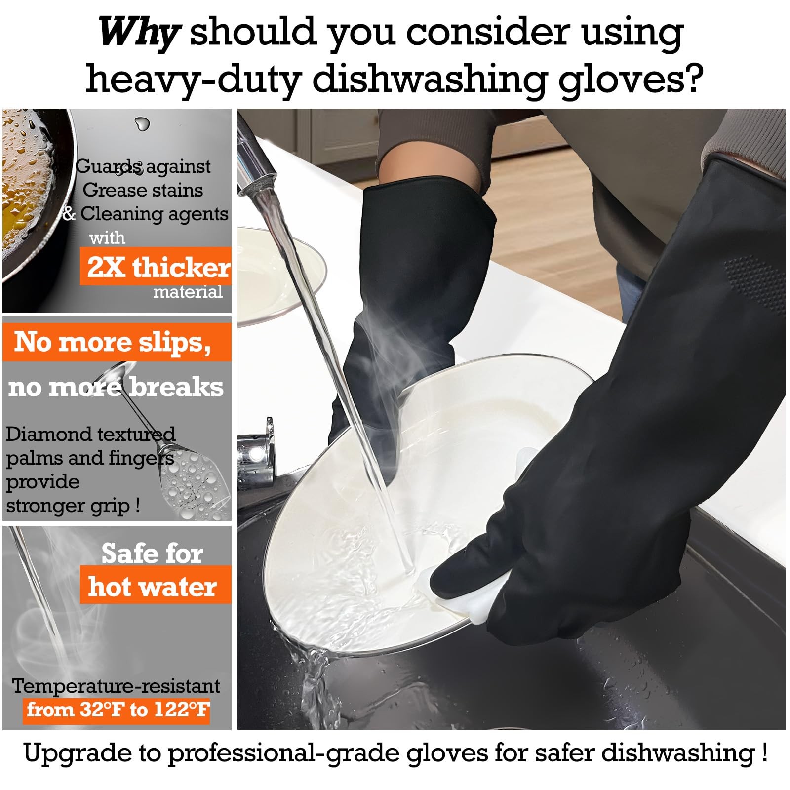 Black Thick Rubber Cleaning Gloves – 2 Pairs of Extra-Large, Reusable, Non-Sl