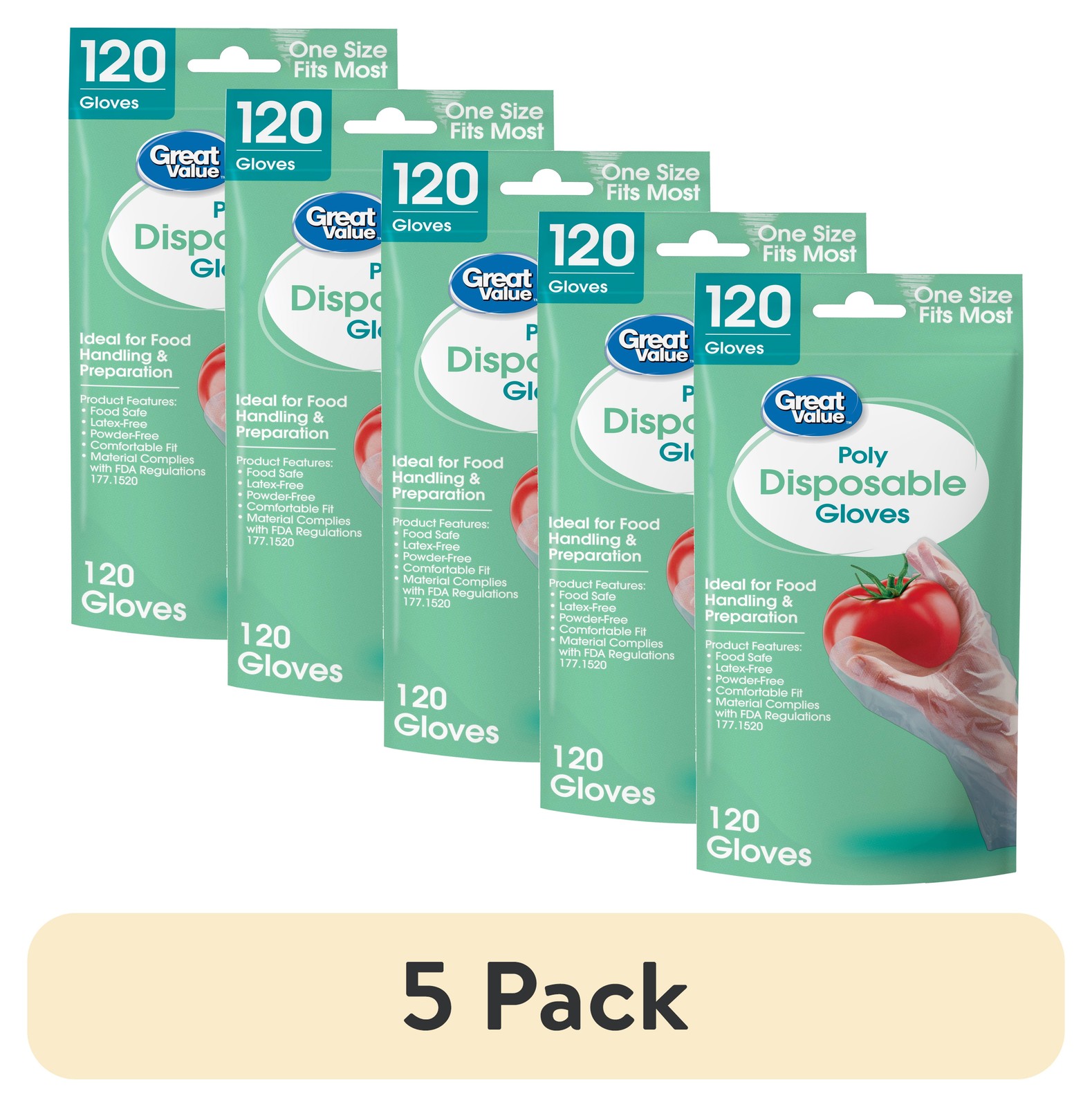 (5 pack) Great Value Disposable Poly Food Gloves, 120-Count, Latex-Free